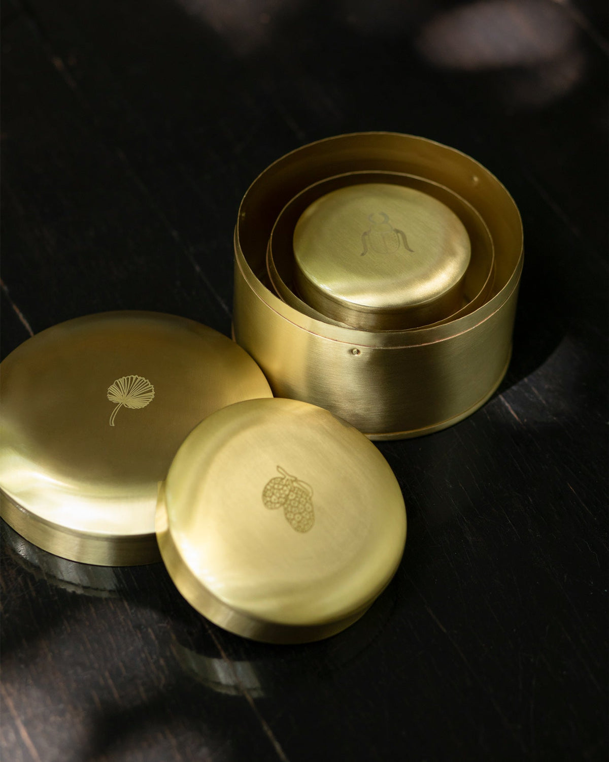 Dariya Nested Containers with lids off, one nested inside a larger brass tin.