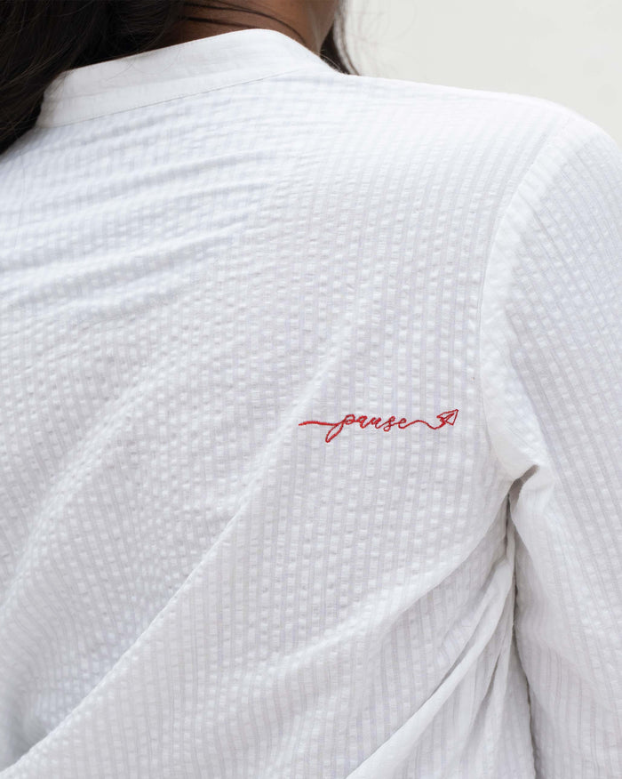 Basic Long Length Kurta - White Seersucker