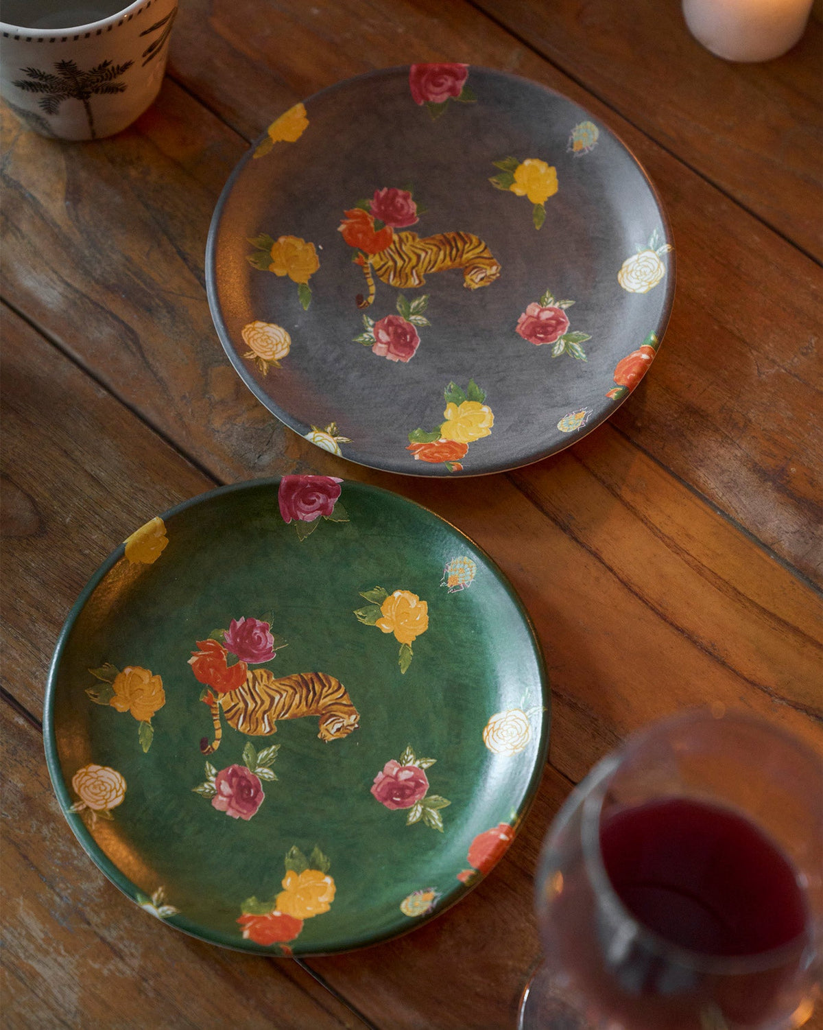 Tigress Quarter Plates in green and grey, each with a tiger motif.