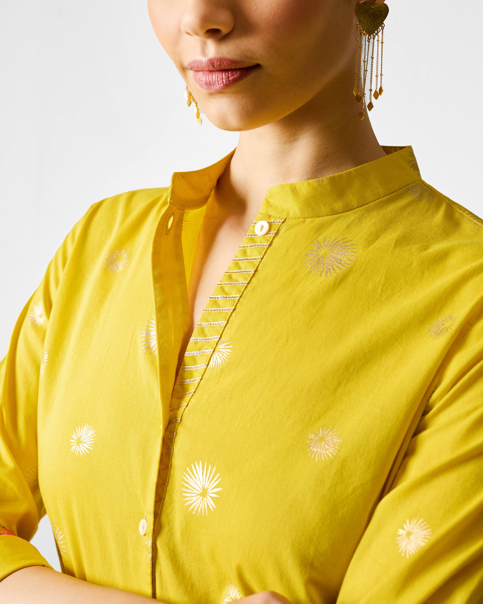 The Basic Mid Length Kurta Set - Chartreuse & Gold Printed