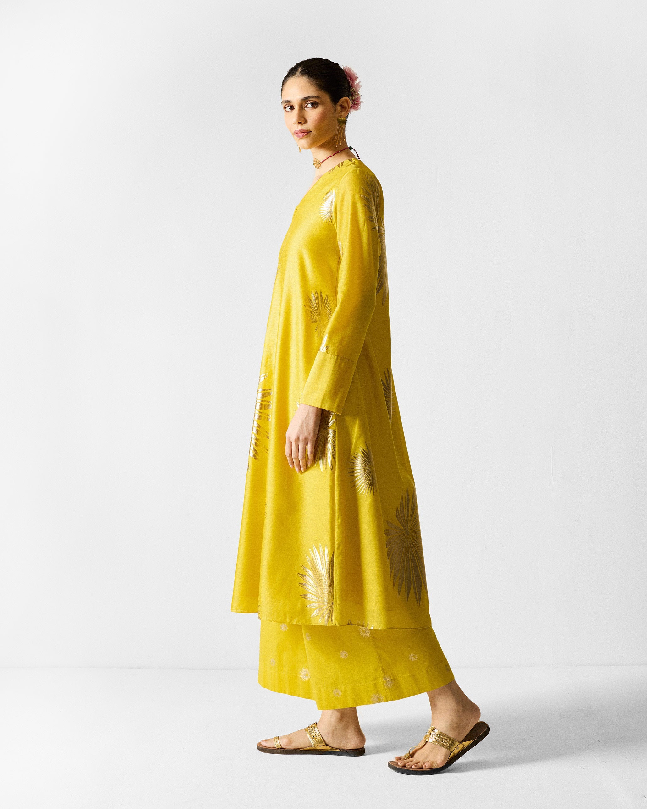 The V-Neck Flared Kurta Set - Chartreuse & Gold Printed