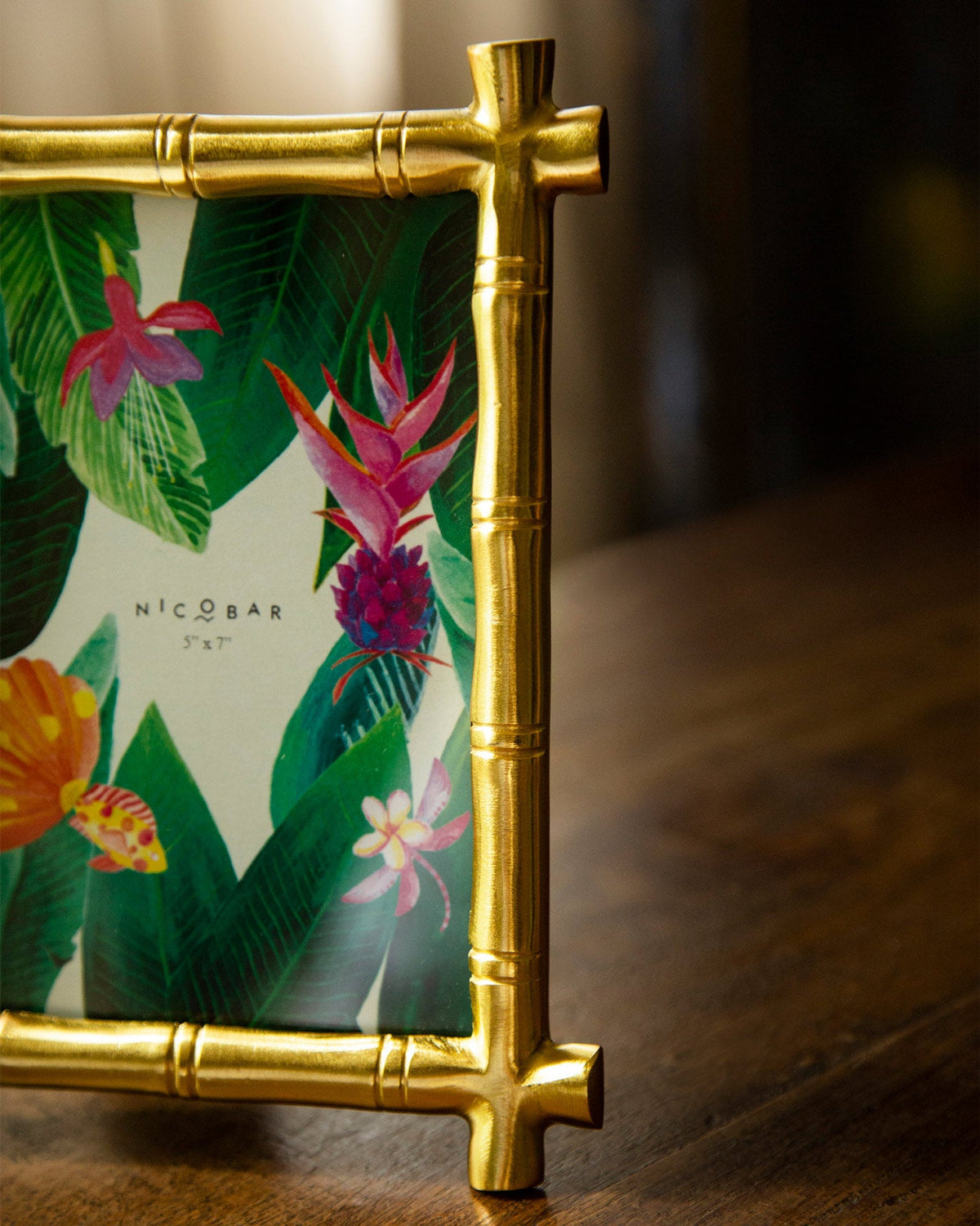 Close-up of gold bamboo nodes on a Nicobar photo frame.