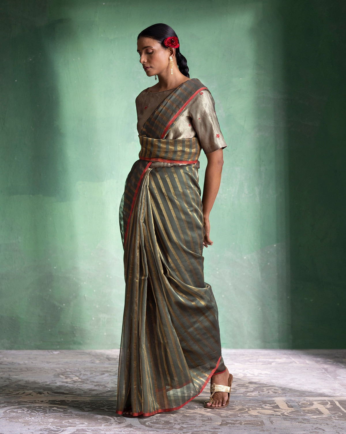 Zari Stripe Sari - Olive & Gold