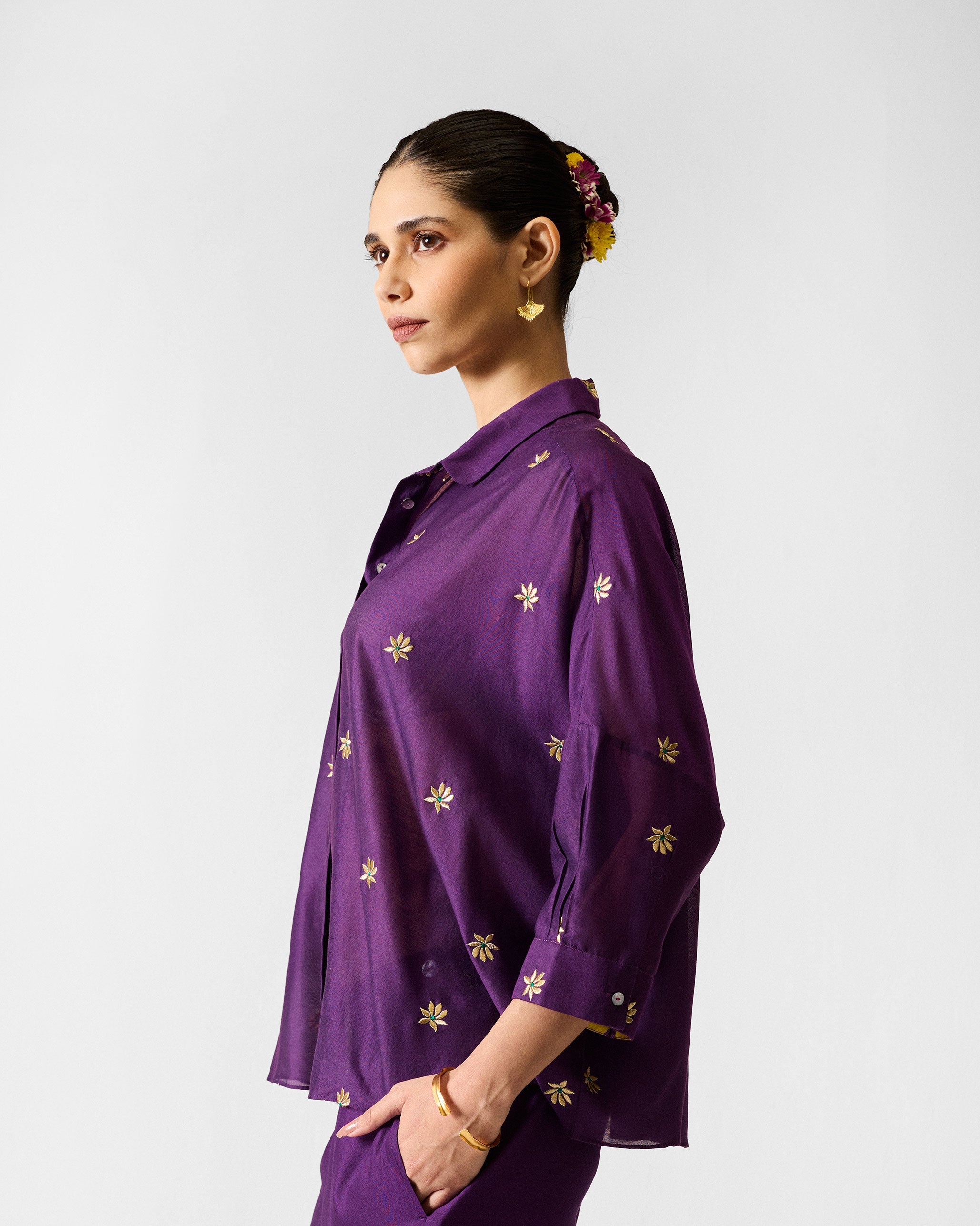 The Boxy Shirt Set - Purple & Gold Embroidered
