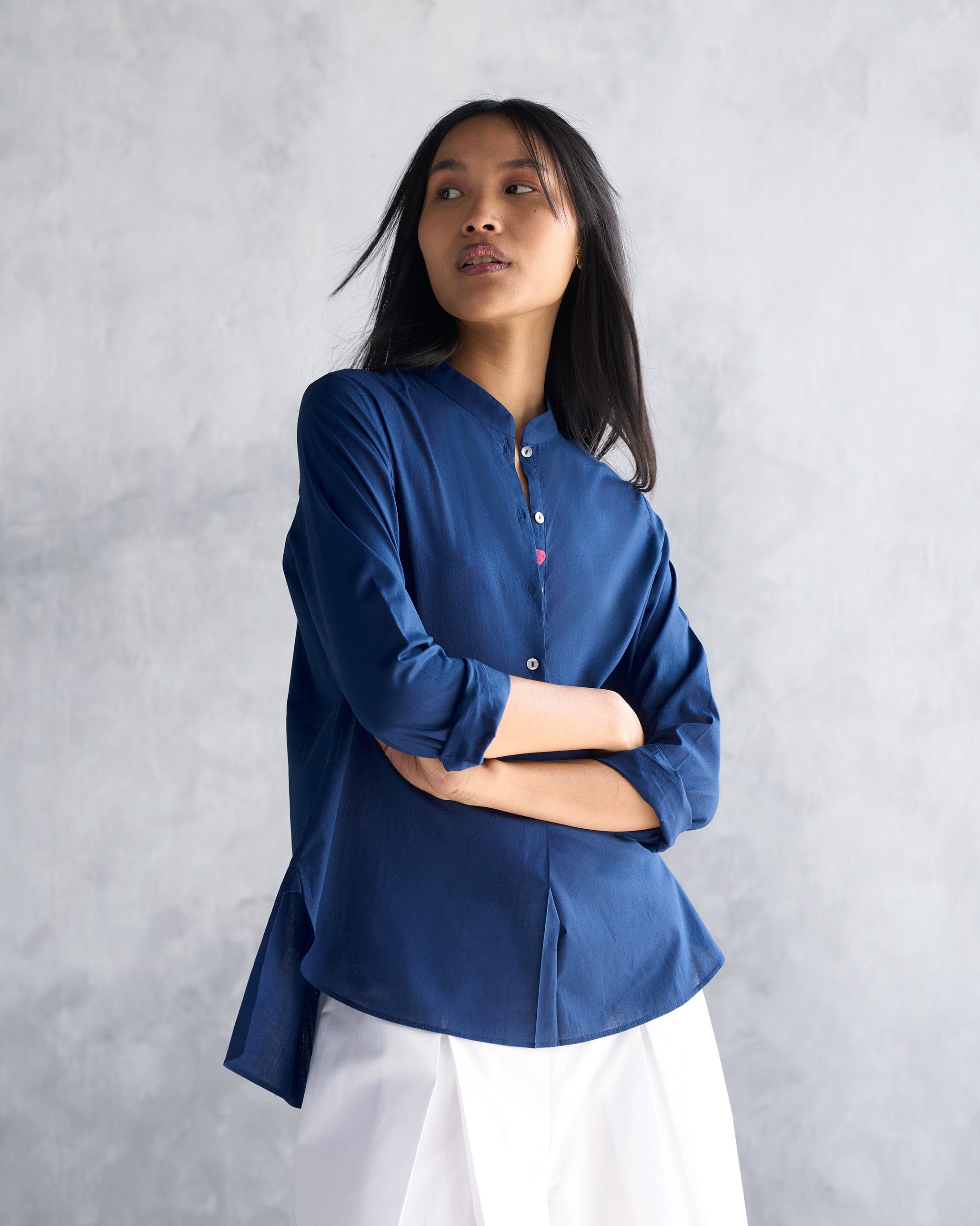 Mandarin Collar Top - Indigo