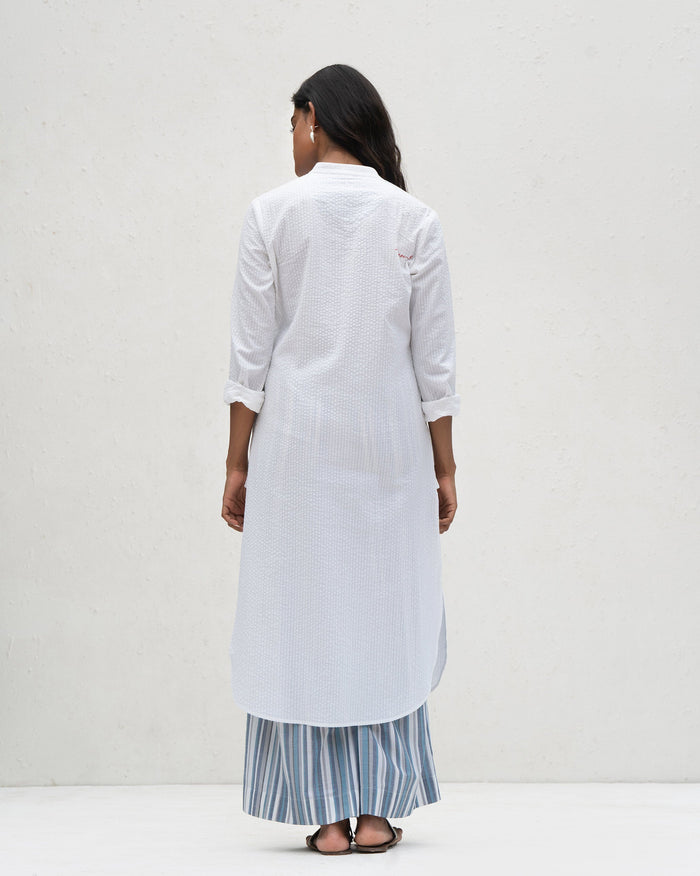 Basic Long Length Kurta - White Seersucker