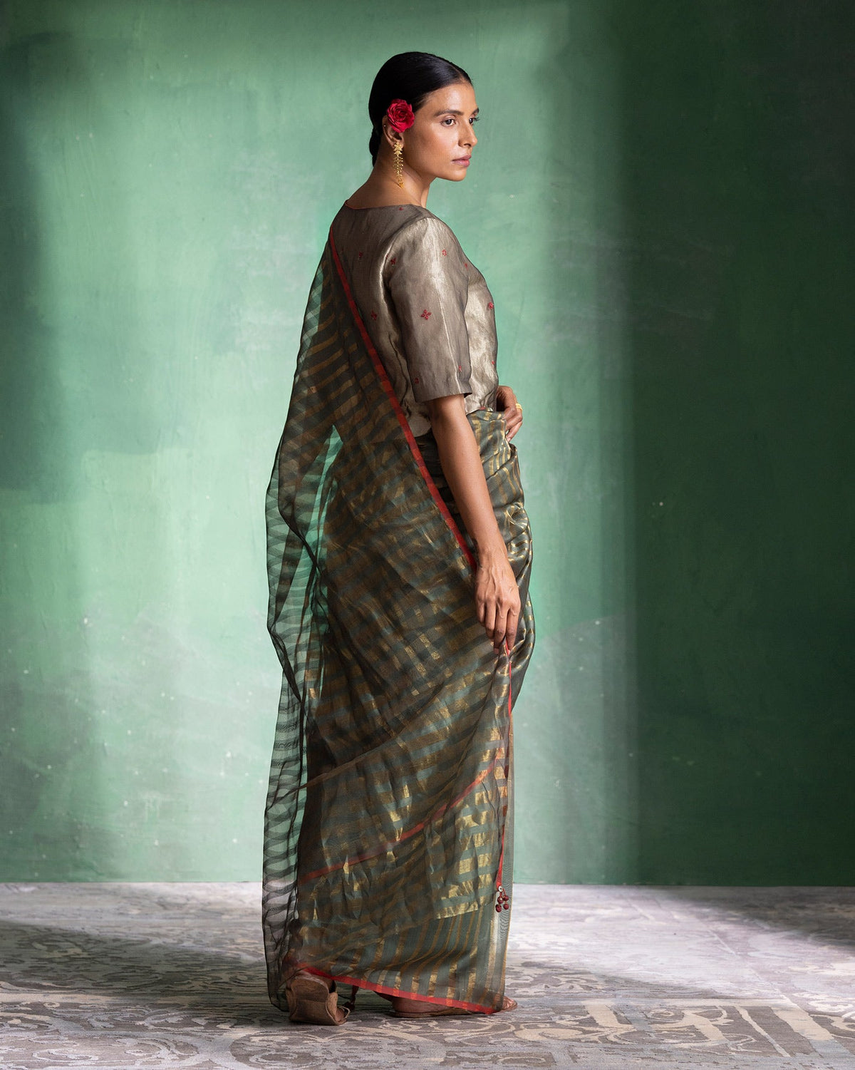 Zari Stripe Sari - Olive & Gold