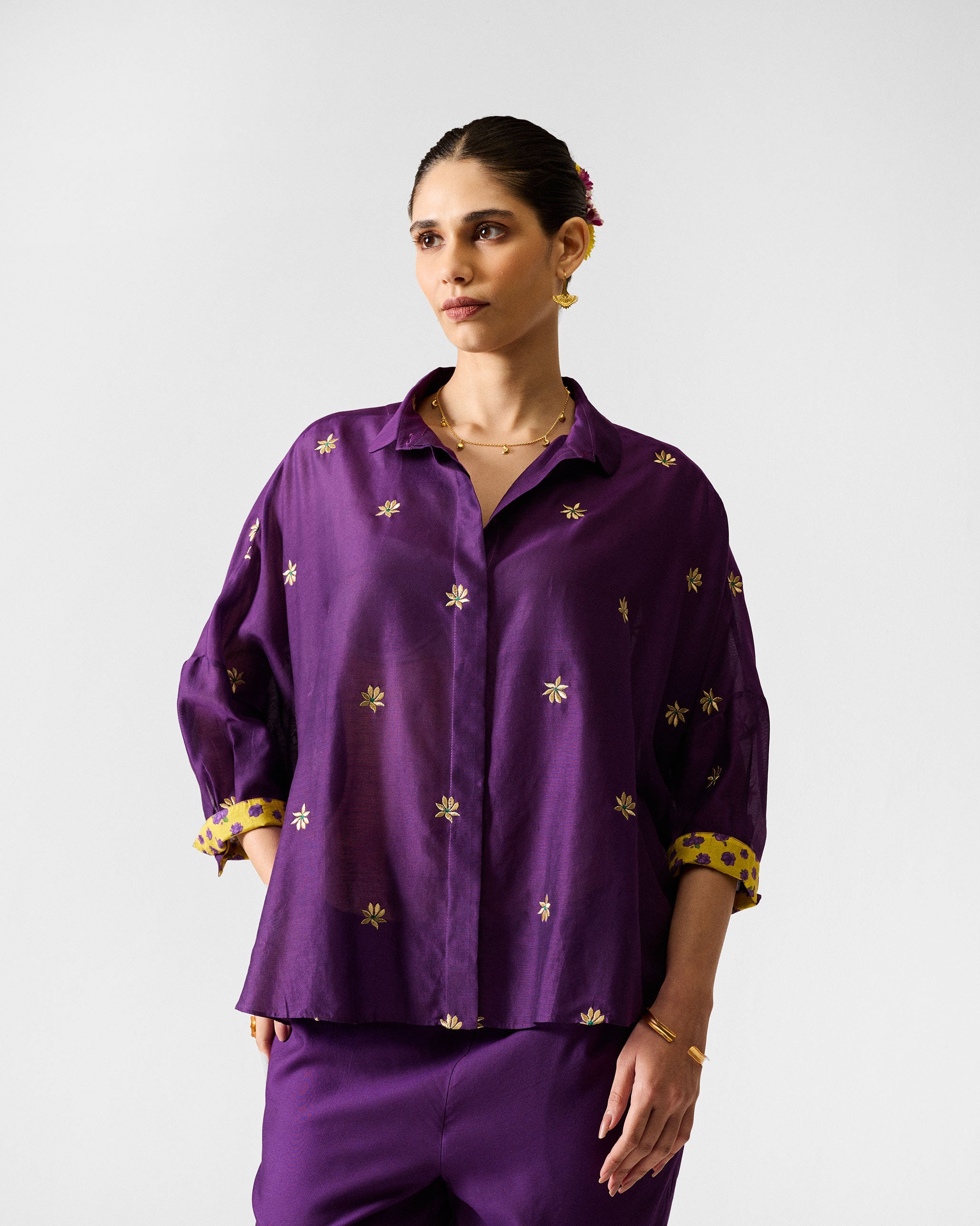 The Boxy Shirt Set - Purple & Gold Embroidered