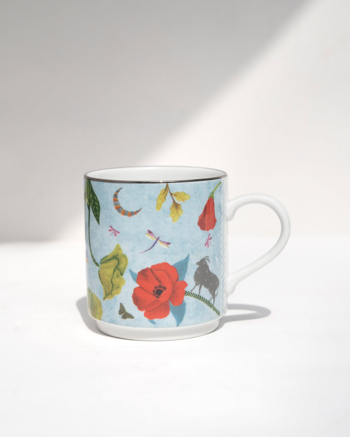 Side view of the Wildflower Mug with poppies on a pale blue body.