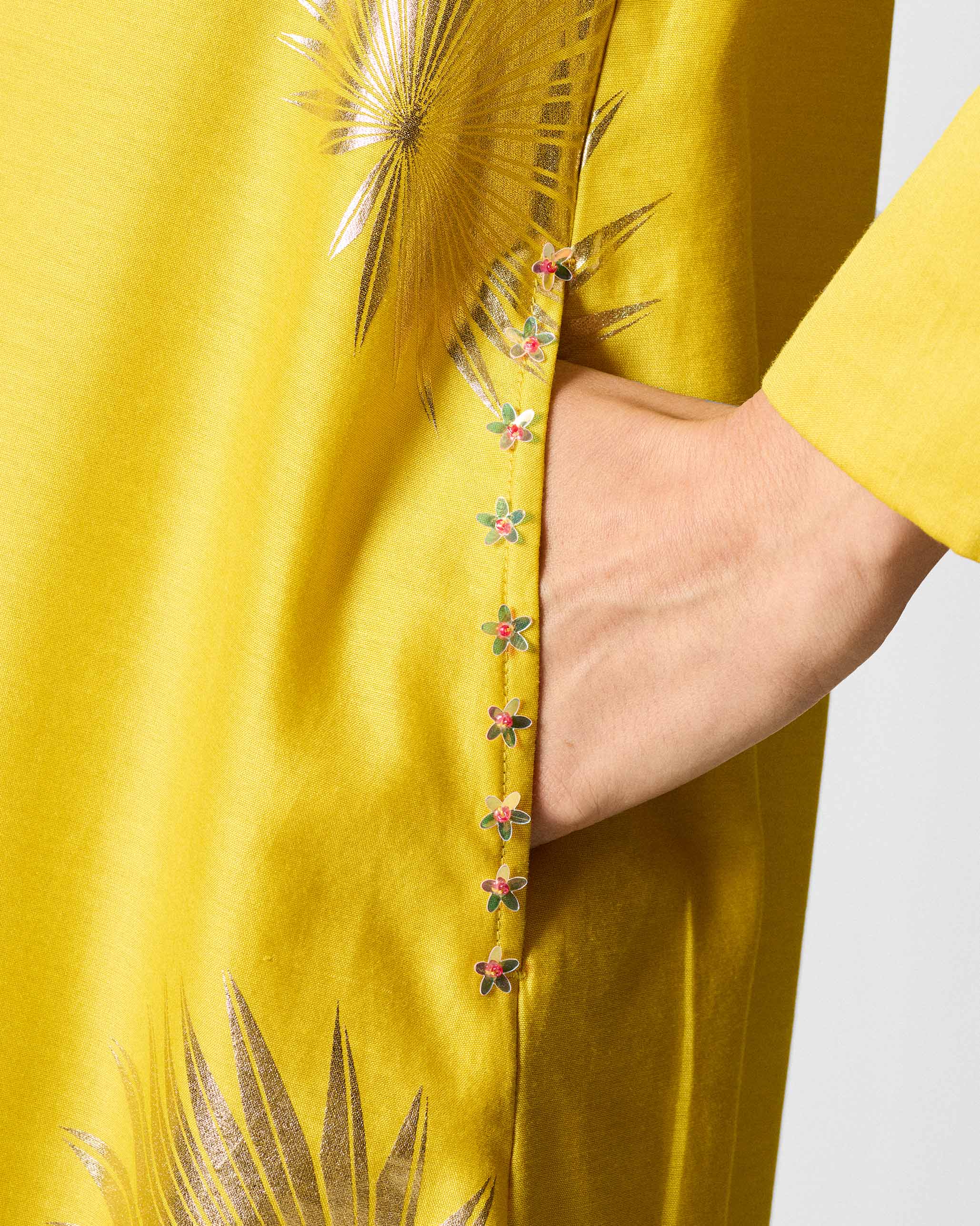 The V-Neck Flared Kurta Set - Chartreuse & Gold Printed