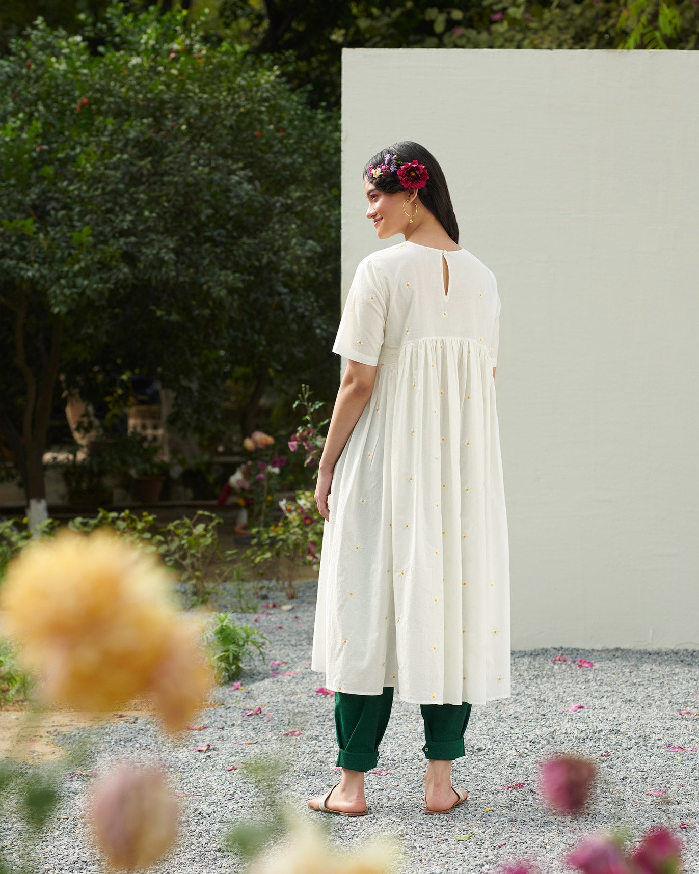 Smocked Side Kurta - White