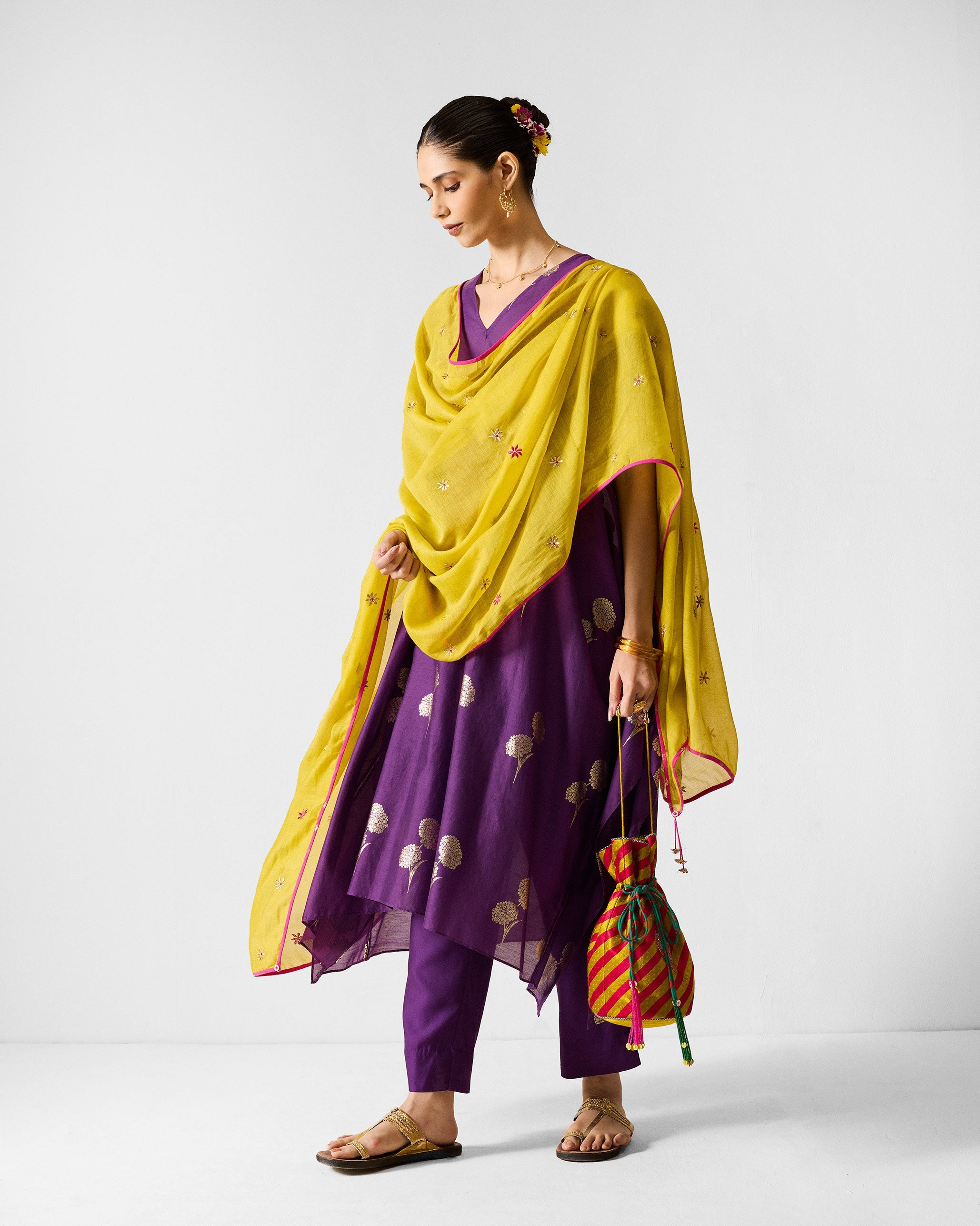 The Diu Kurta Set - Purple & Gold Printed