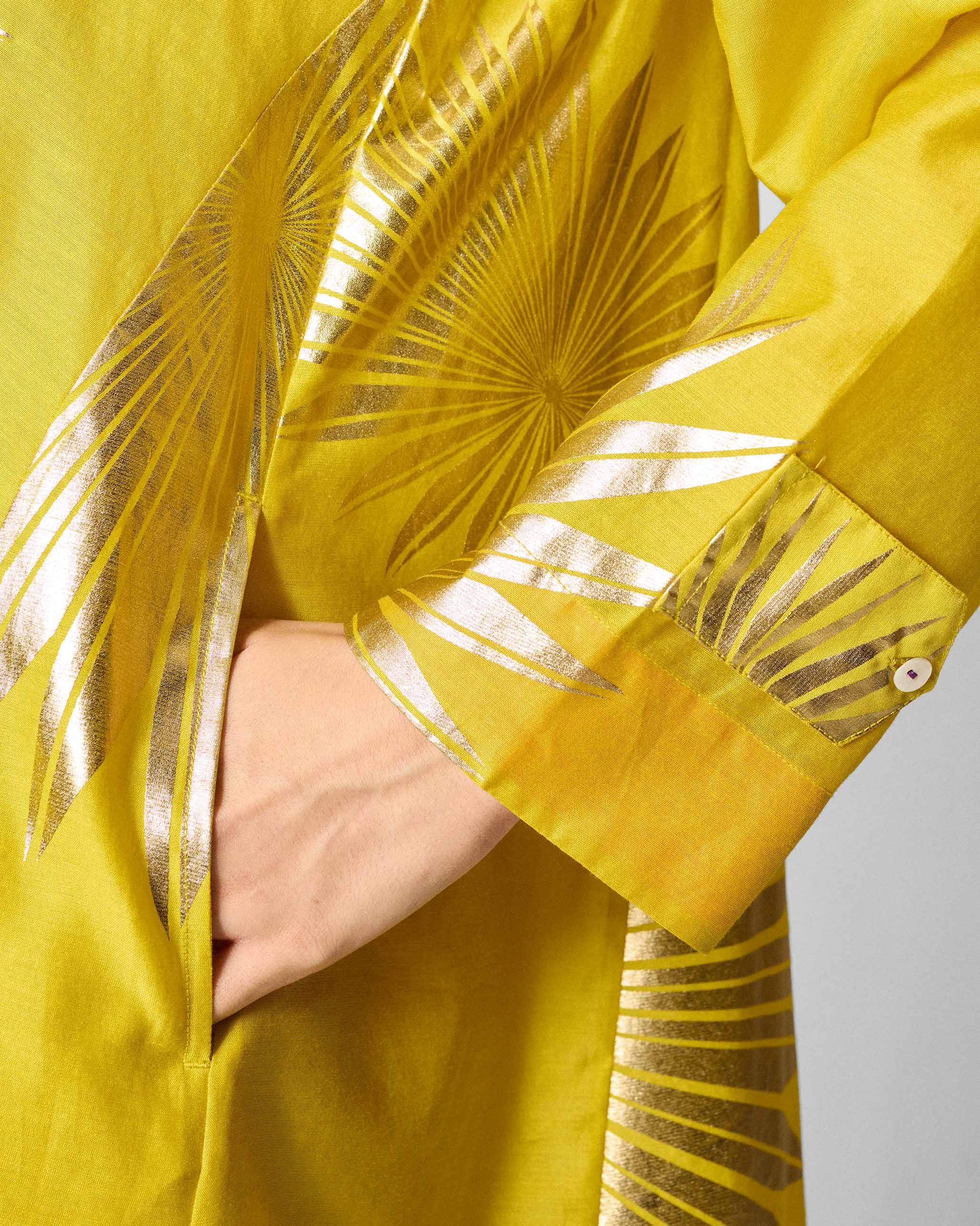 The Flare Panelled Shirt Set - Chartreuse & Gold Printed