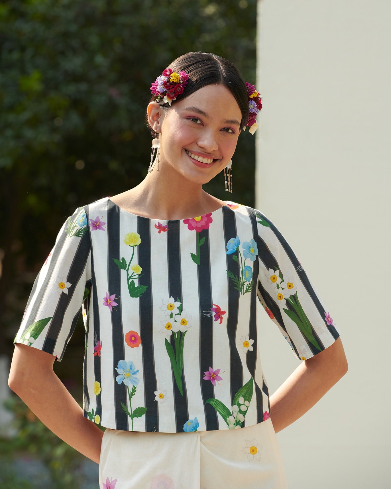 Boat Neck Blouse - White & Black