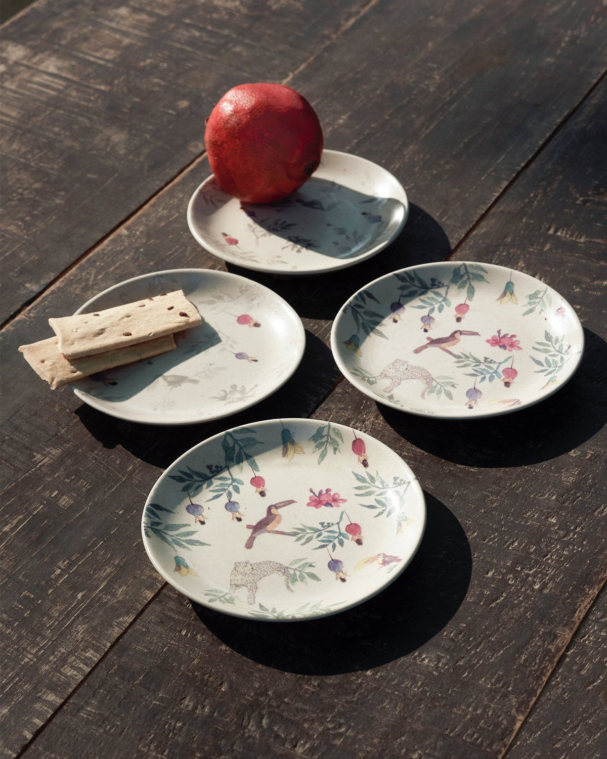 Four Nakano tapas plates with toucan prints styled with fruit and crackers.