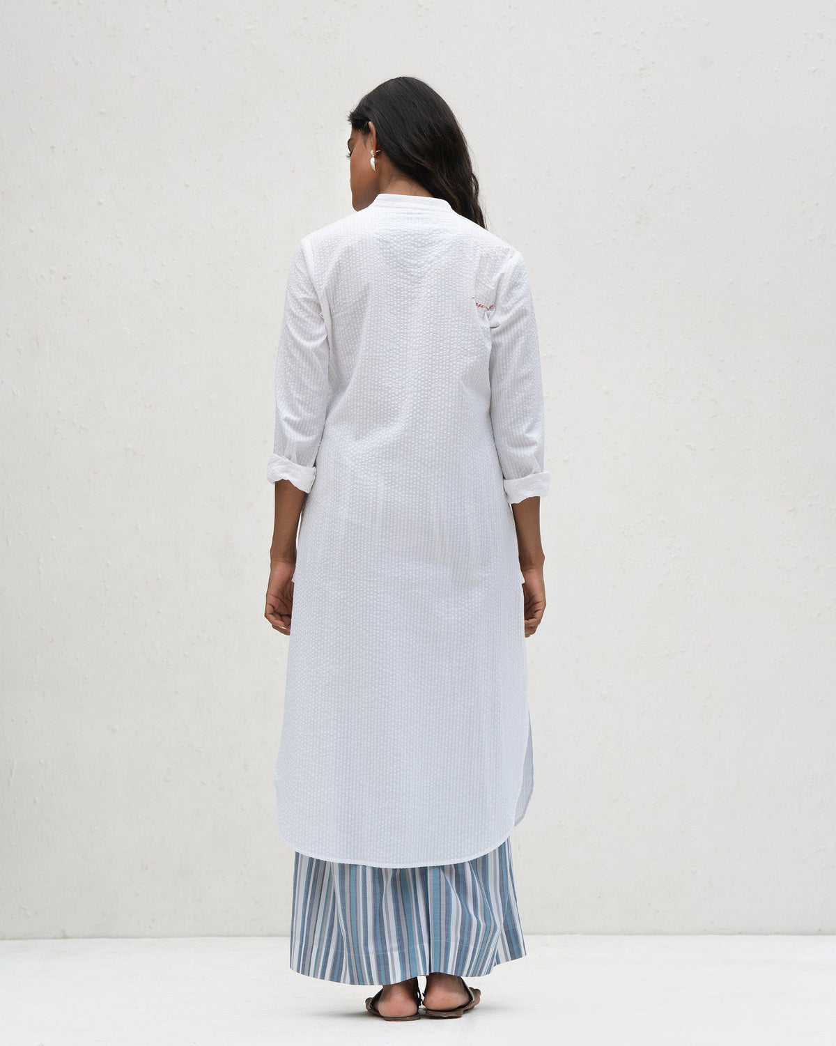 Basic Long Length Kurta - White Seersucker