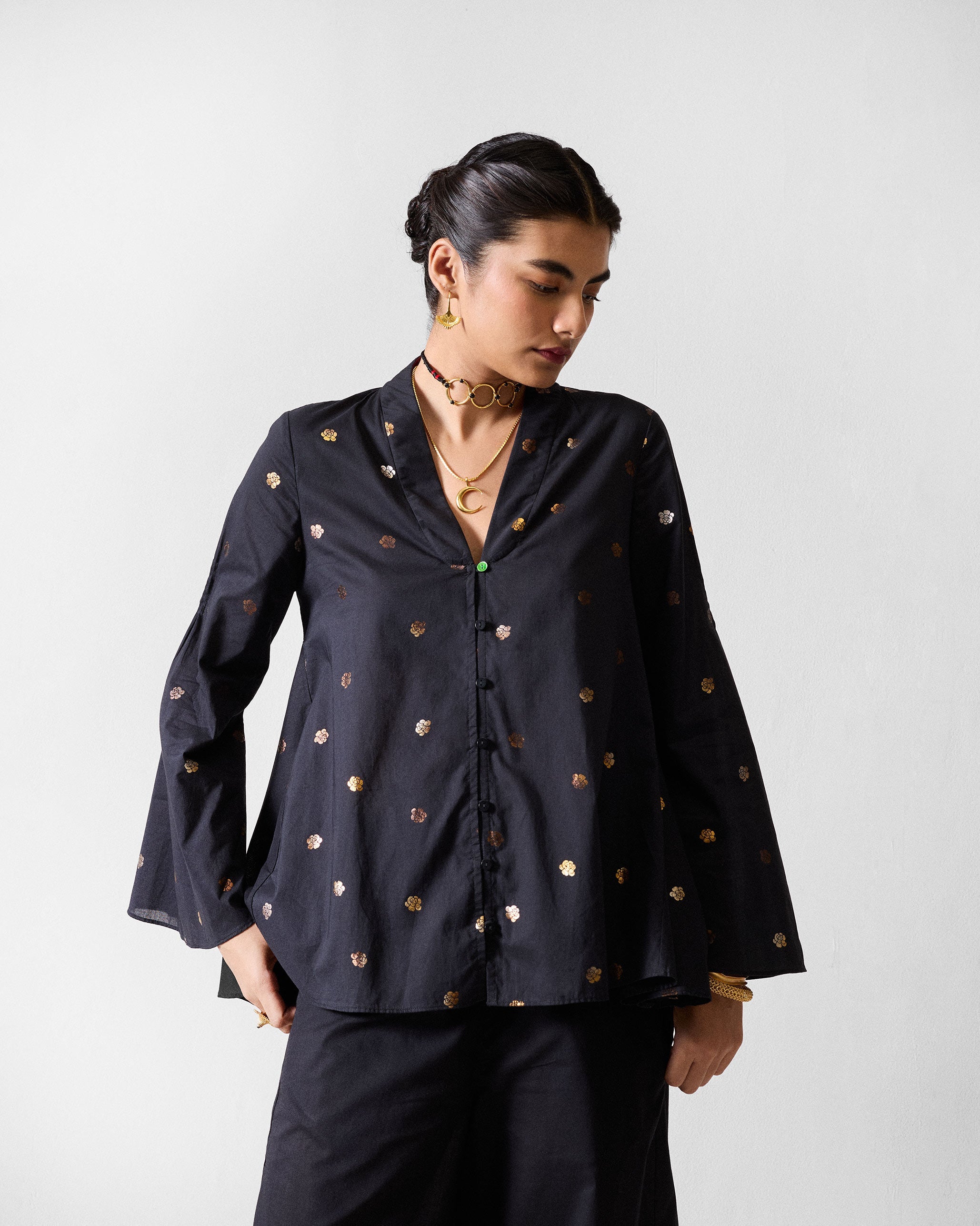 The Tangier Top Set - Black & Gold Printed