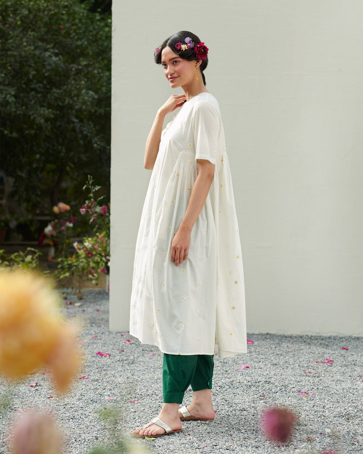 Smocked Side Kurta - White