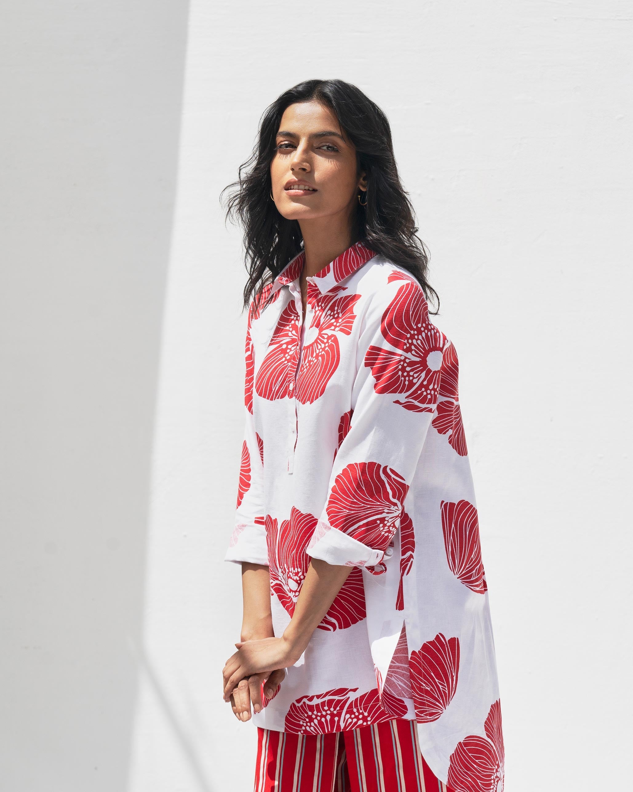 High Low Shirt - White & Red