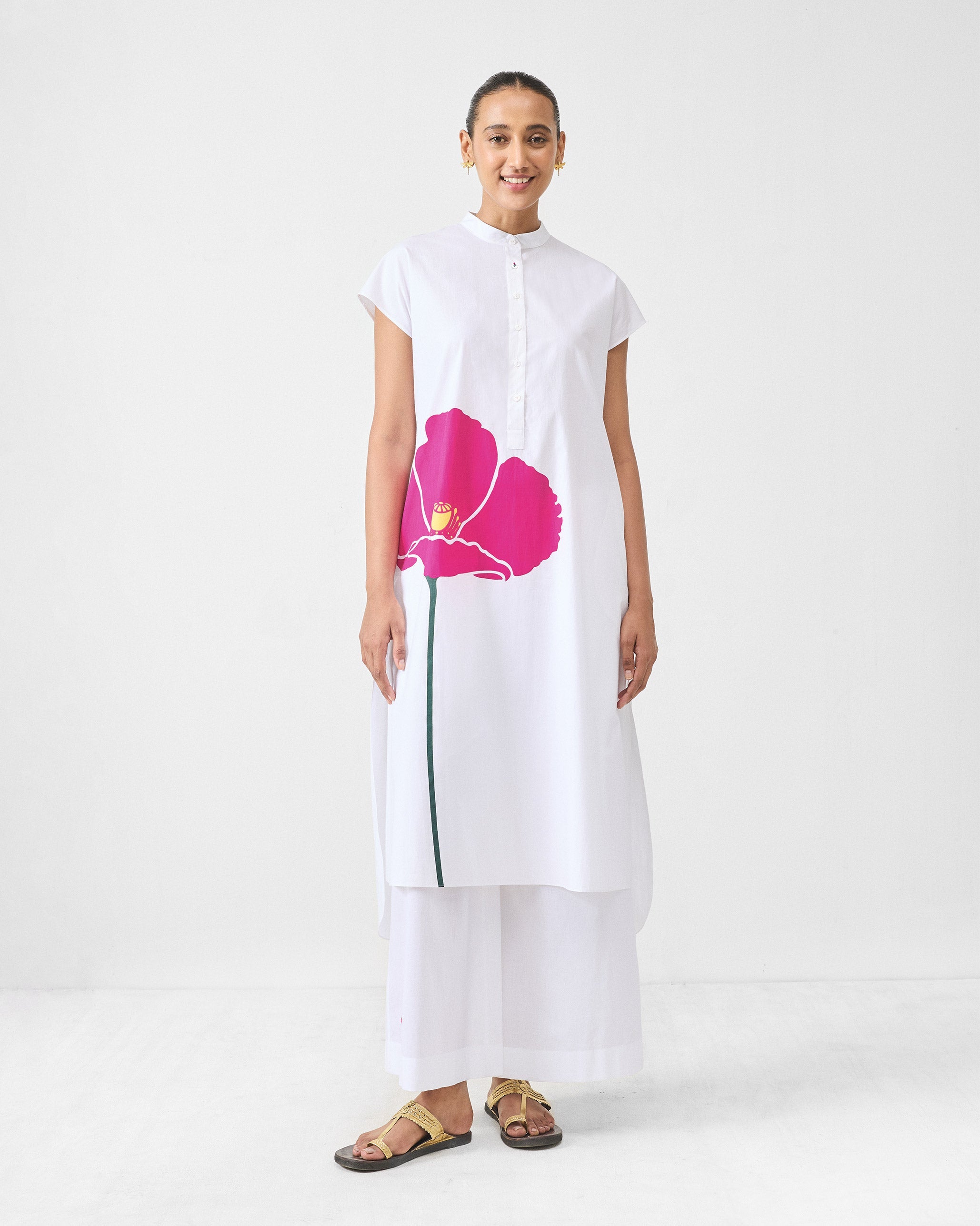 Short Sleeve Kurta Set - White & Fuchsia