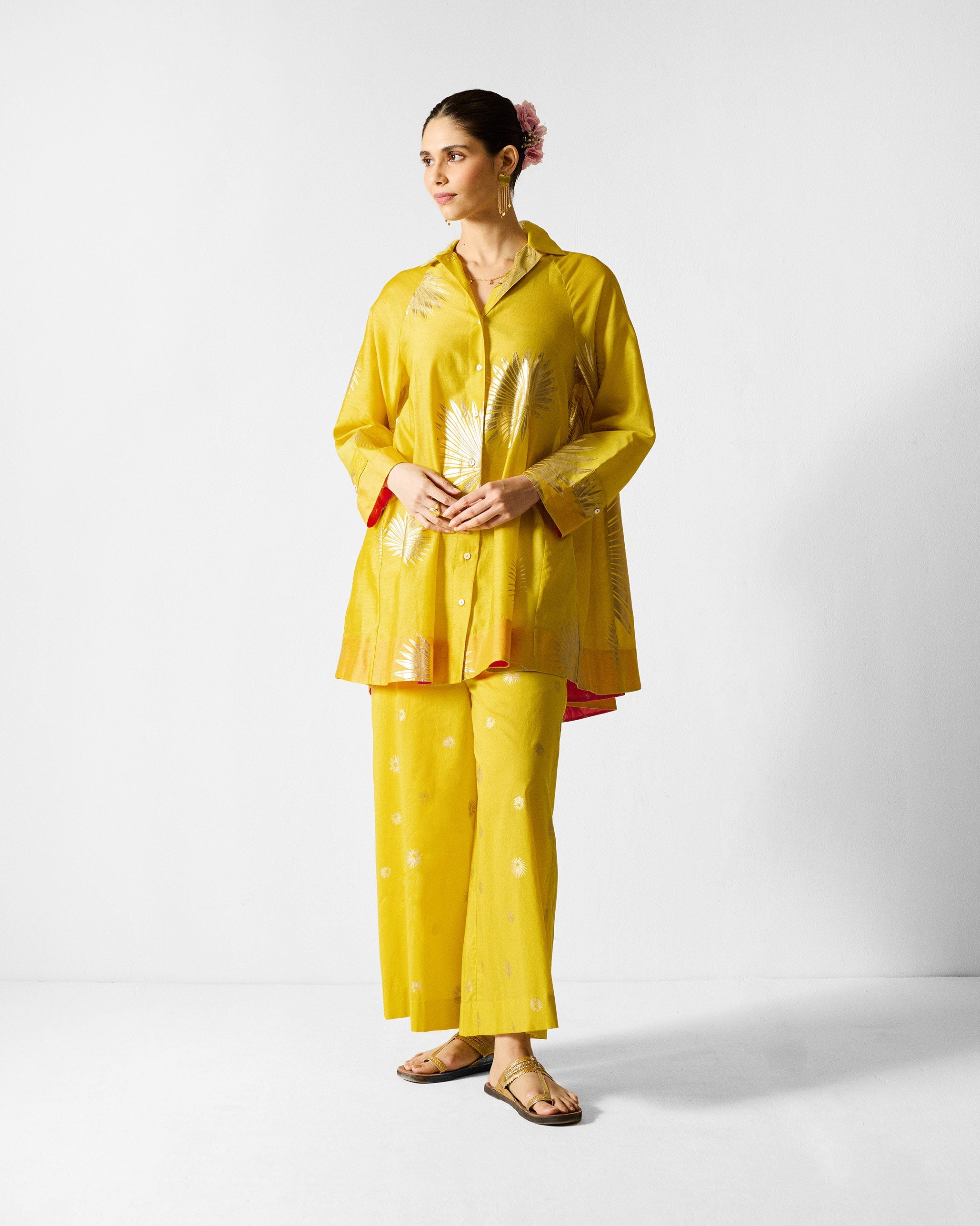The Flare Panelled Shirt Set - Chartreuse & Gold Printed