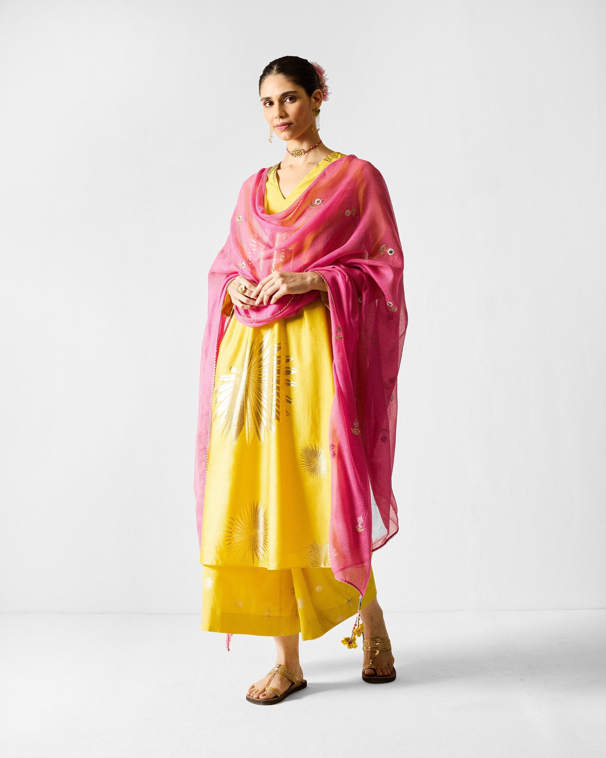 V-Neck Flared Kurta - Chartreuse & Gold Printed