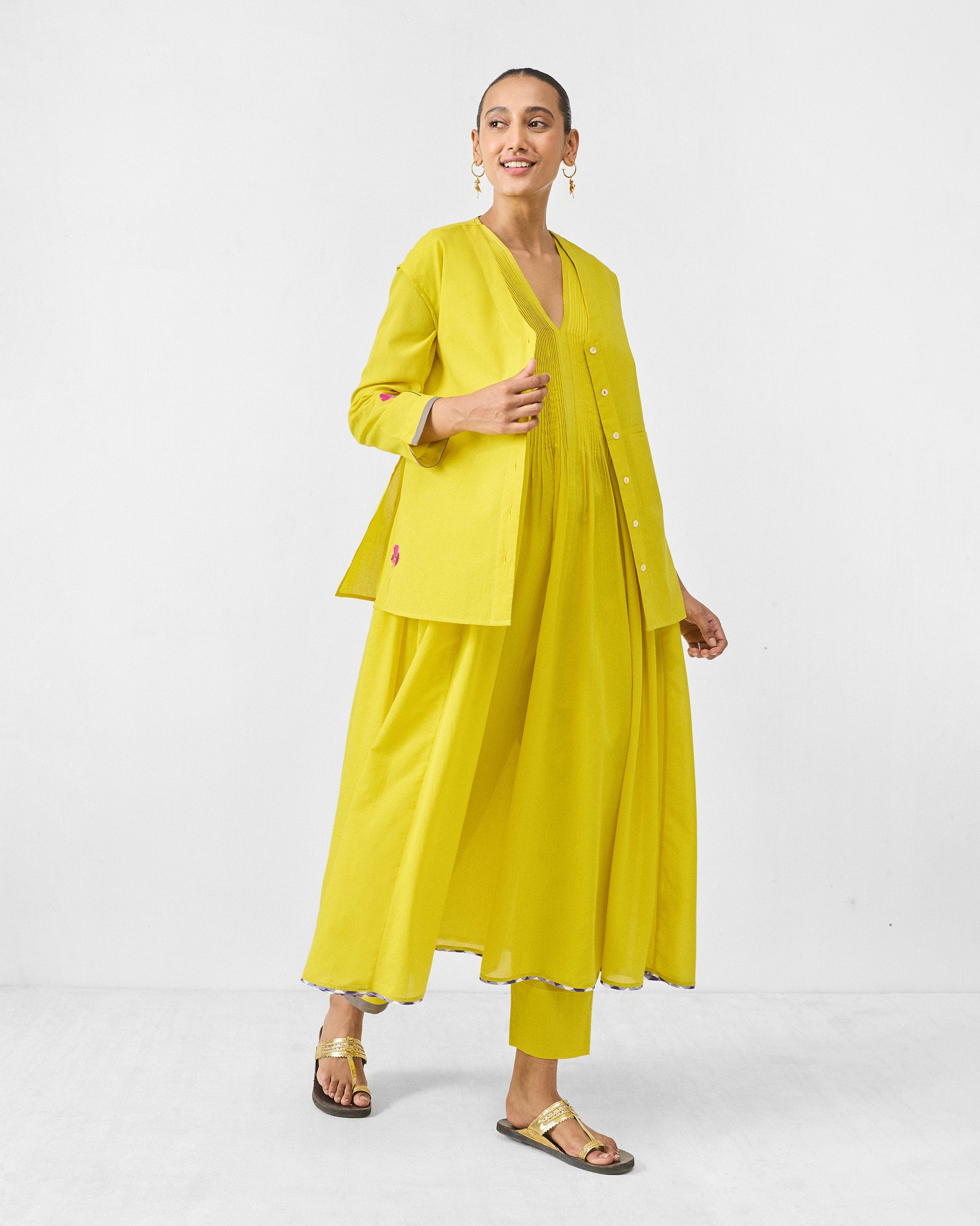 Pintuck Kurta Set - Chartreuse