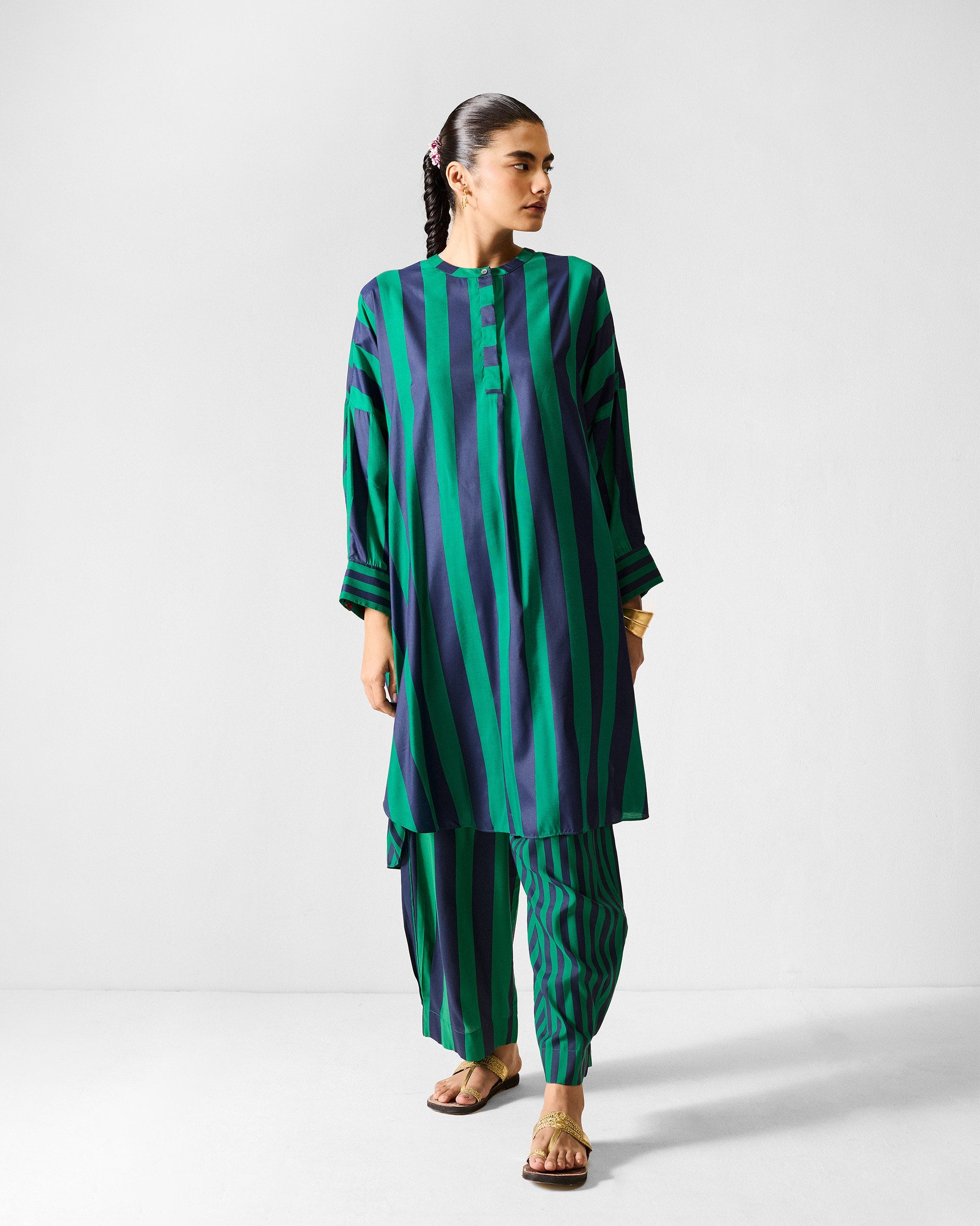 The Lazy Sunday Tunic Set - Navy & Green Stripes