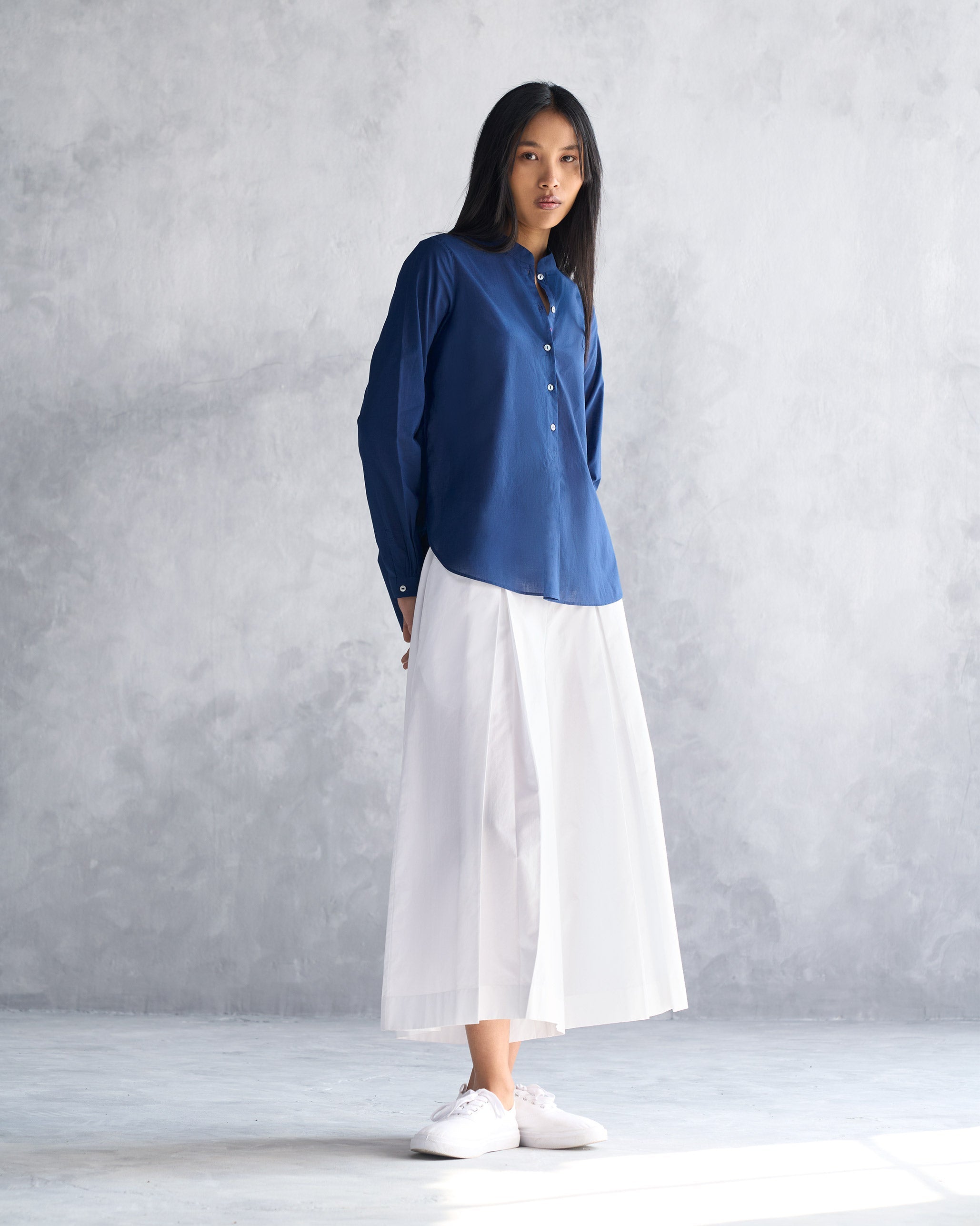 Mandarin Collar Top - Indigo