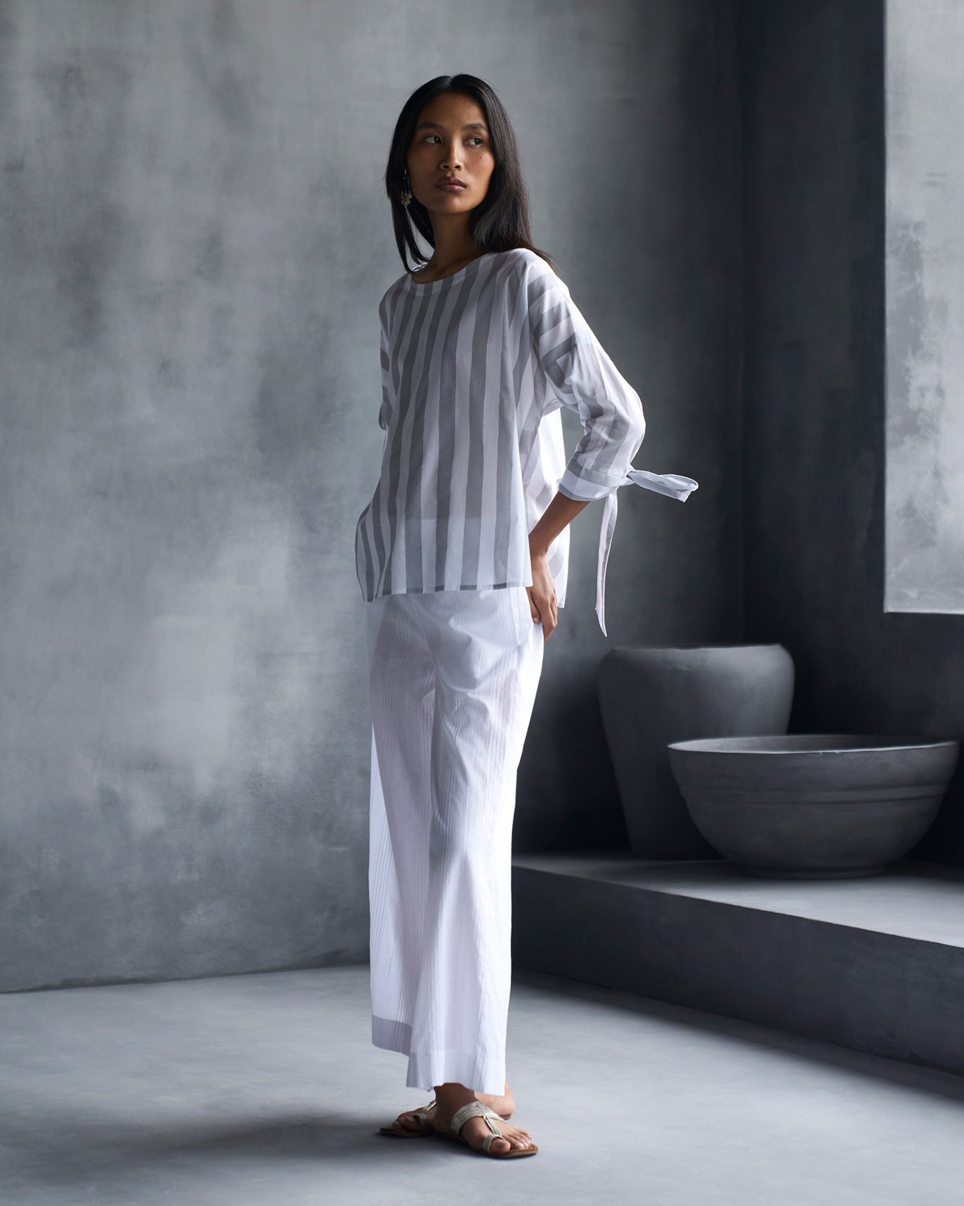 Back Fagotting Top - White & Grey