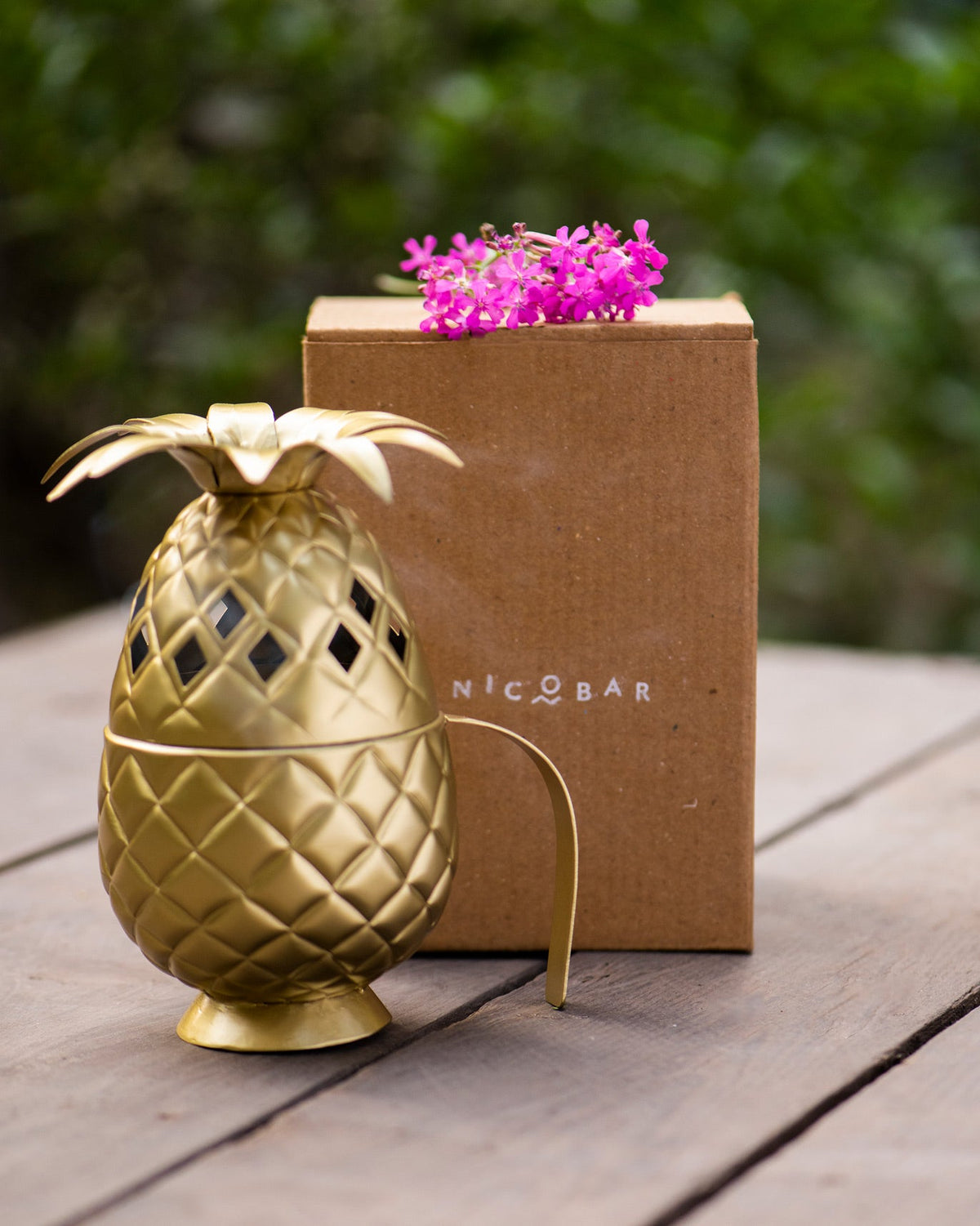 Ananas dhuna placed in front of a Nicobar box.