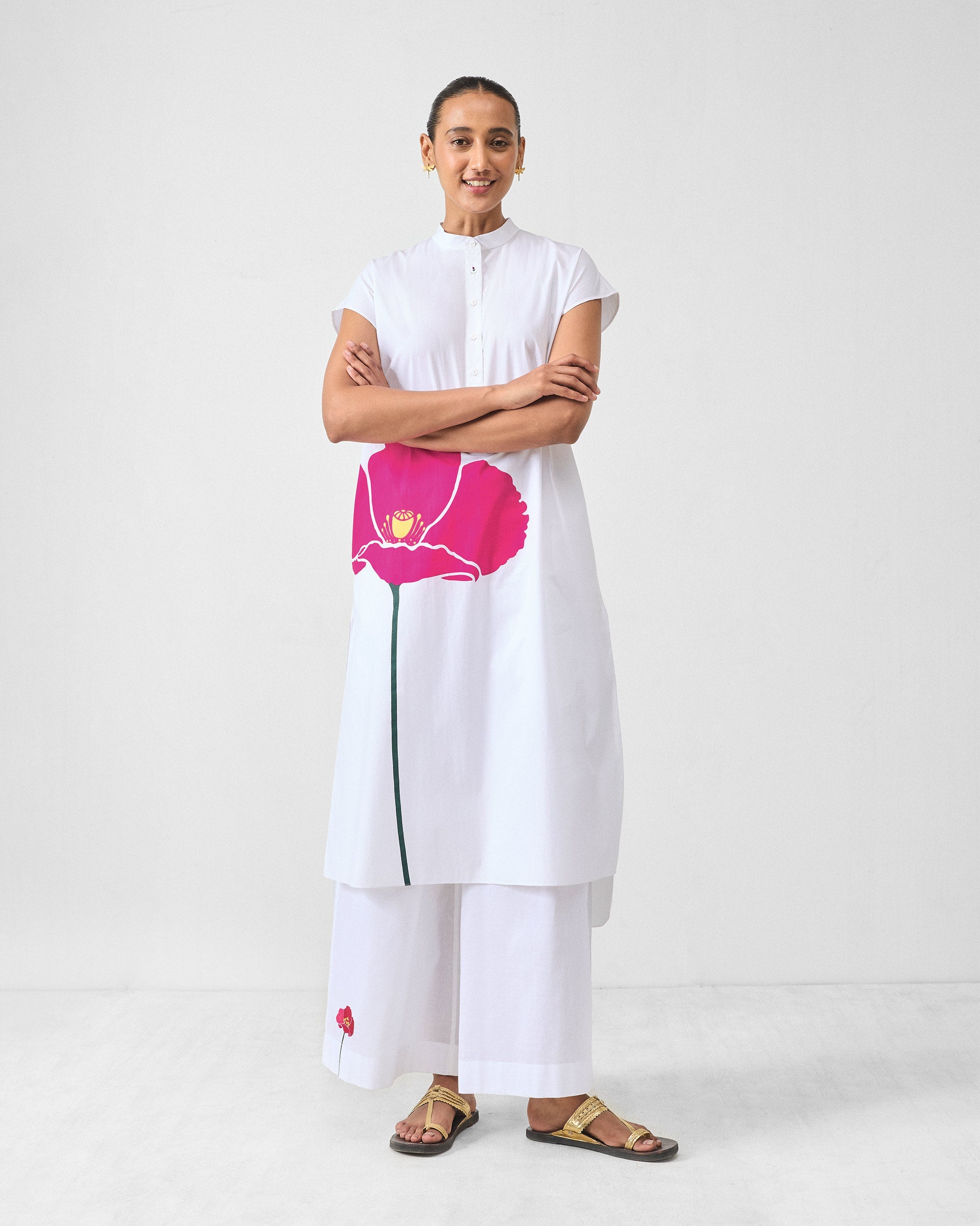 Short Sleeve Kurta Set - White & Fuchsia