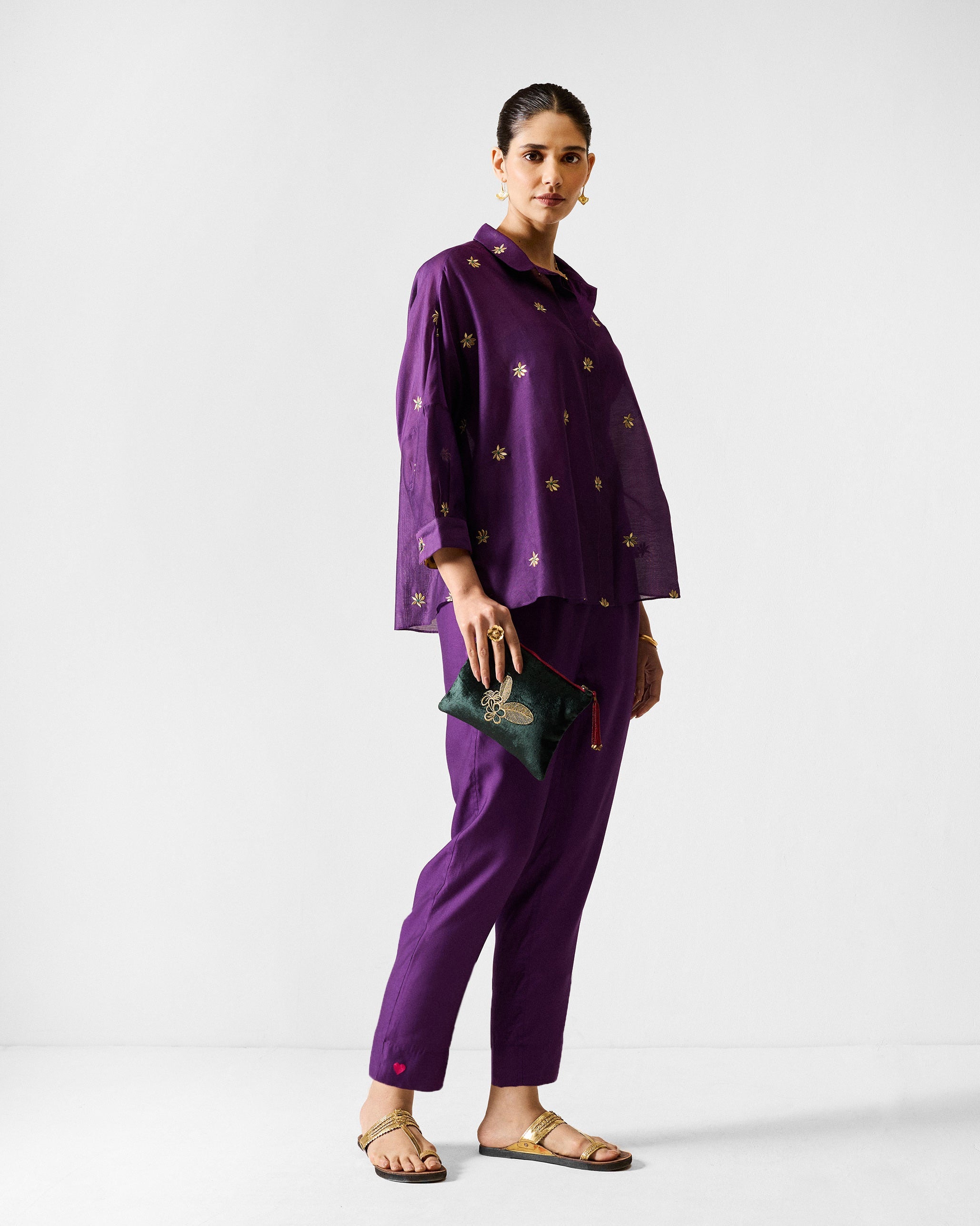 The Boxy Shirt Set - Purple & Gold Embroidered