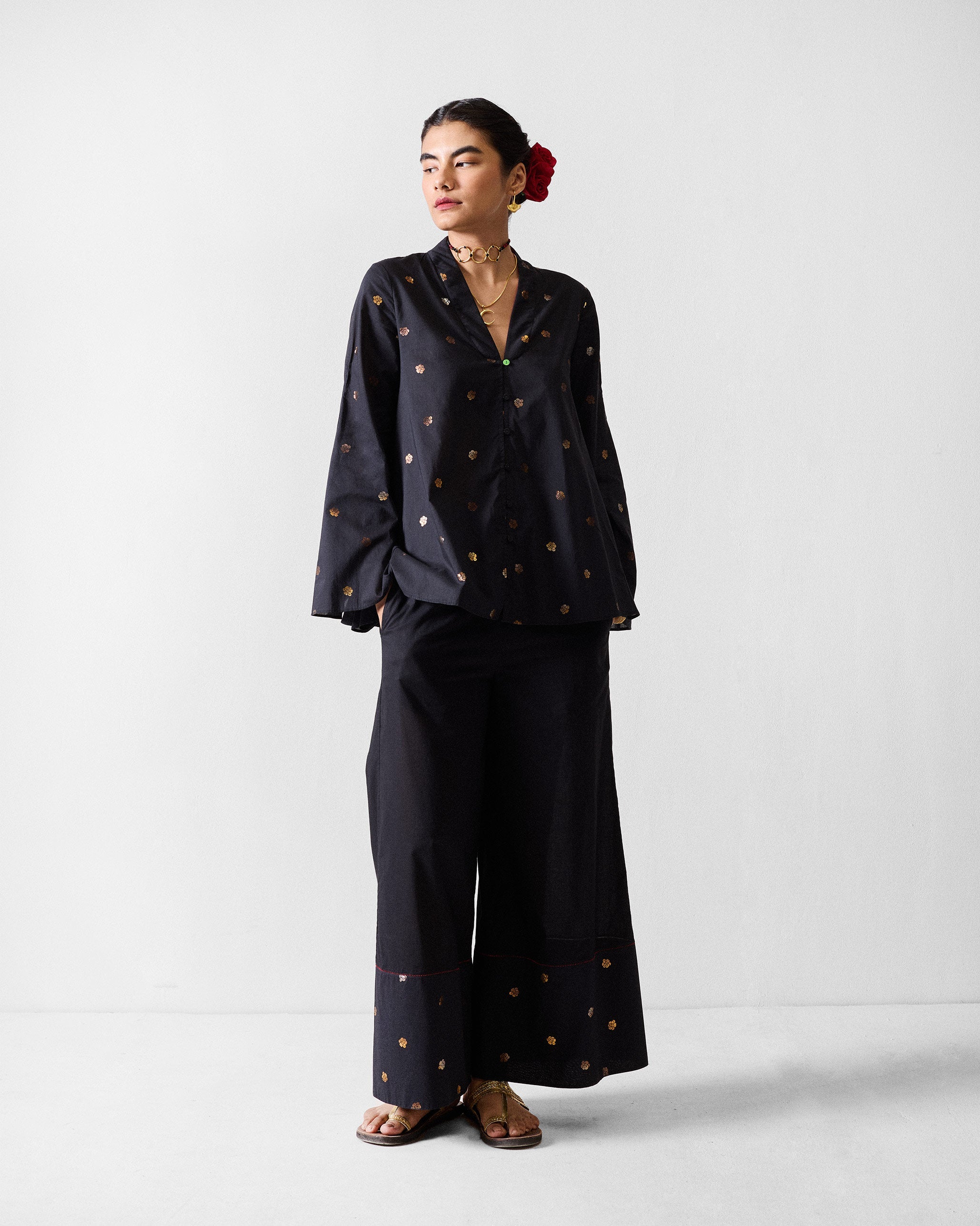 The Tangier Top Set - Black & Gold Printed