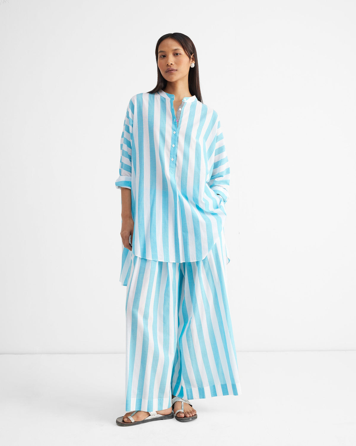 Tab Top - Aqua & White Stripes