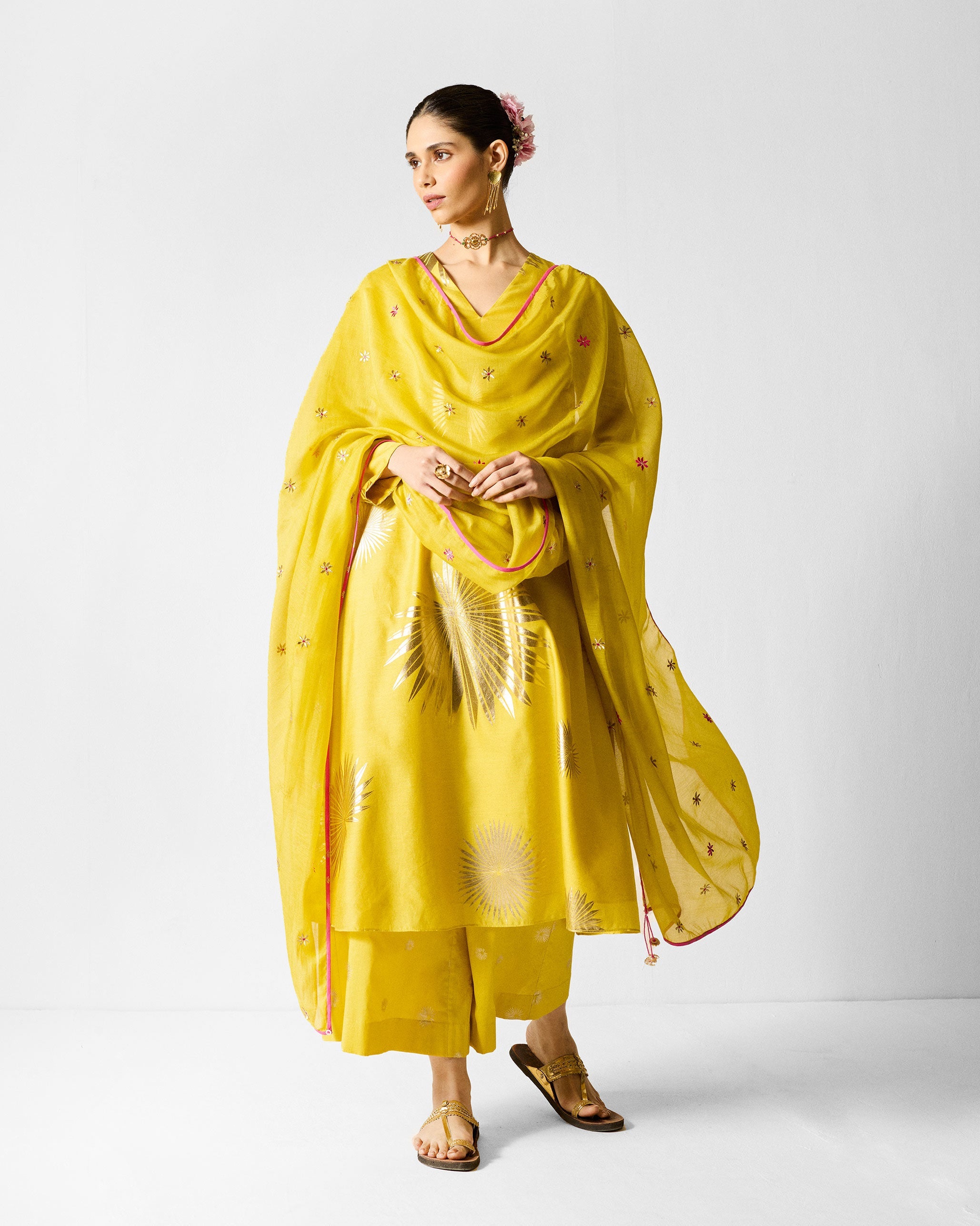 V-Neck Flared Kurta - Chartreuse & Gold Printed