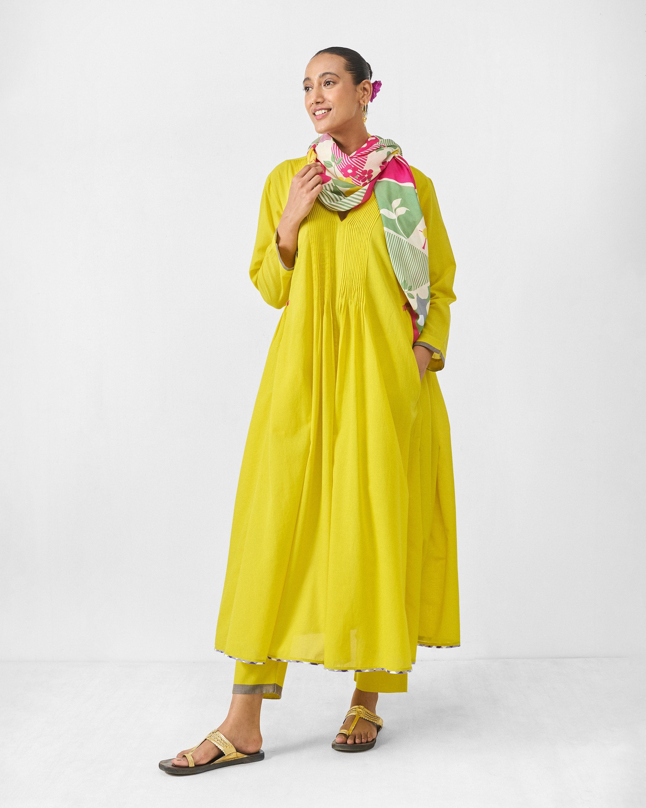 Pintuck Kurta Set - Chartreuse