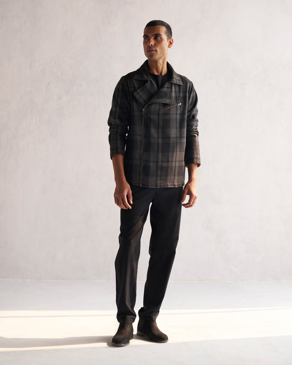 Person wearing a black and grey checked Woollen Knotch Collar Jacket, shown full length.