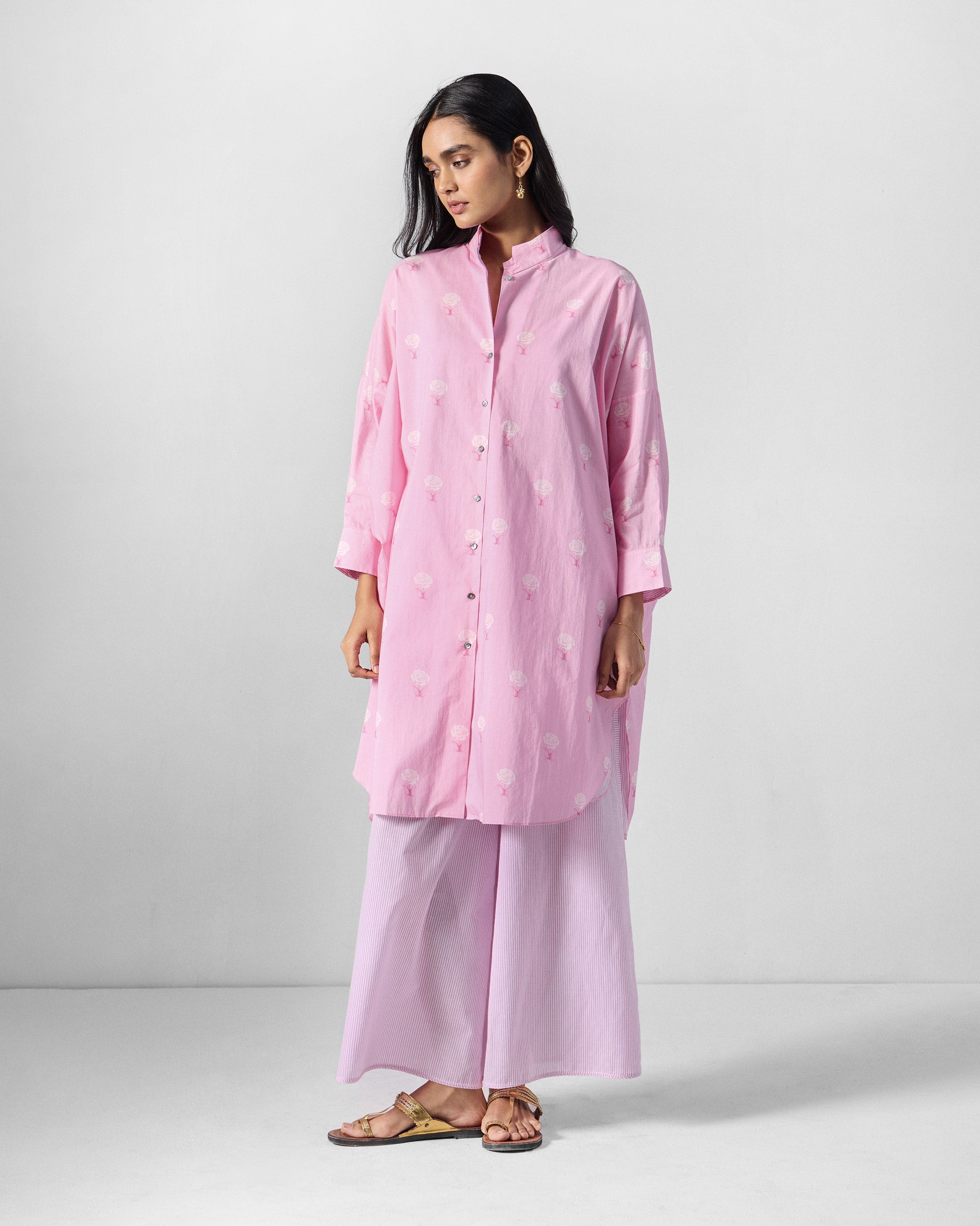The Raha Slit Back Tunic Set - Pink & White