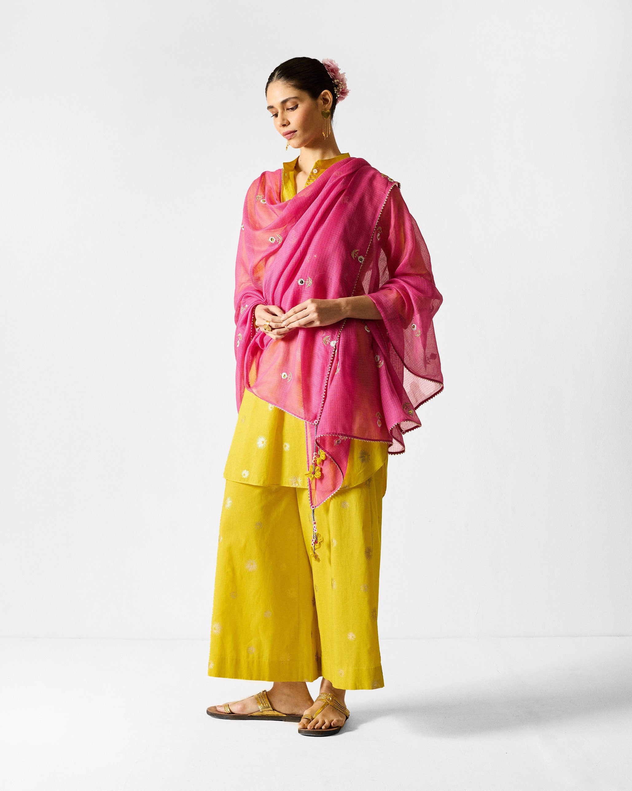 The Basic Mid Length Kurta Set - Chartreuse & Gold Printed