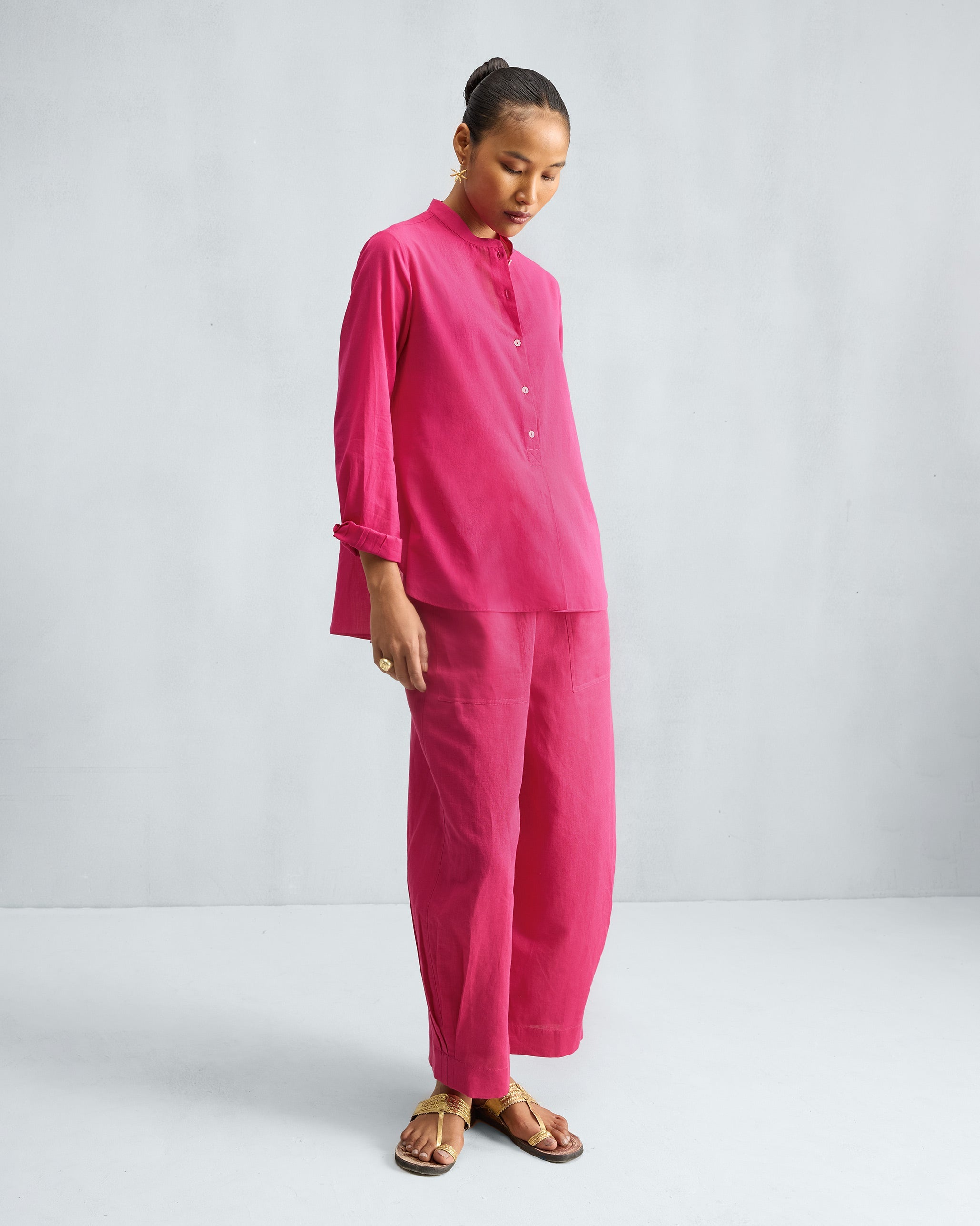 The Mandarin Collar Top Set - Fuchsia