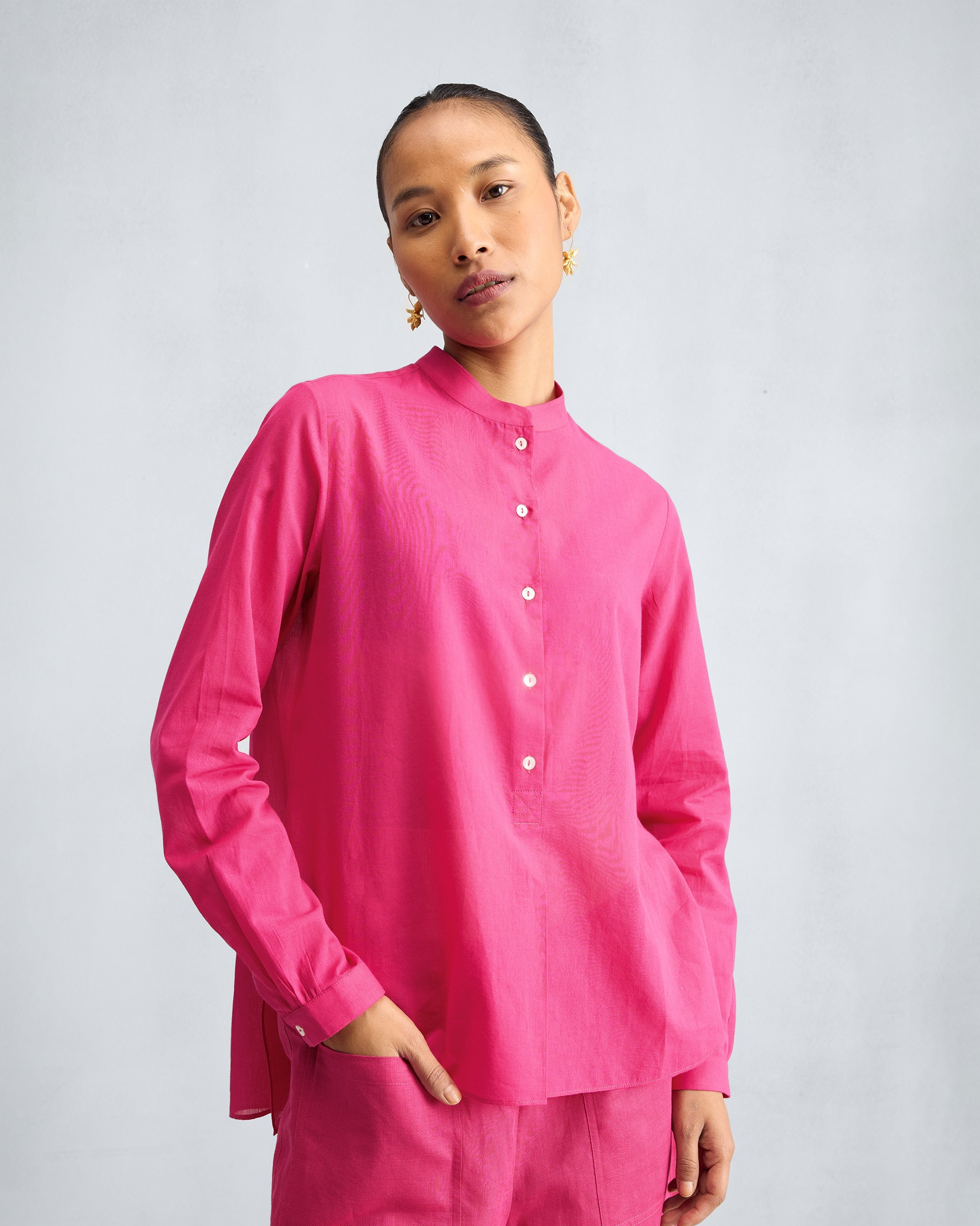 The Mandarin Collar Top Set - Fuchsia