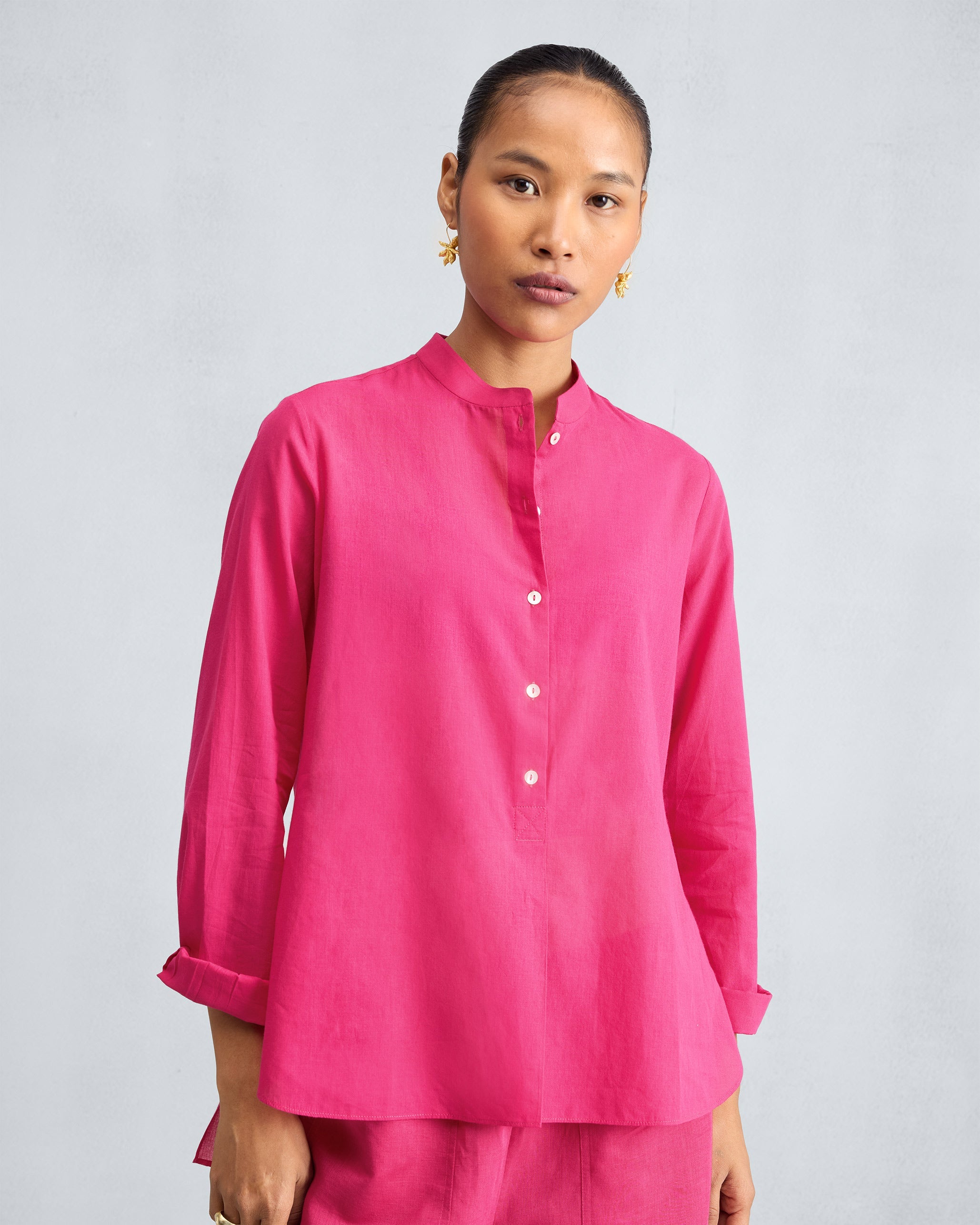 The Mandarin Collar Top Set - Fuchsia
