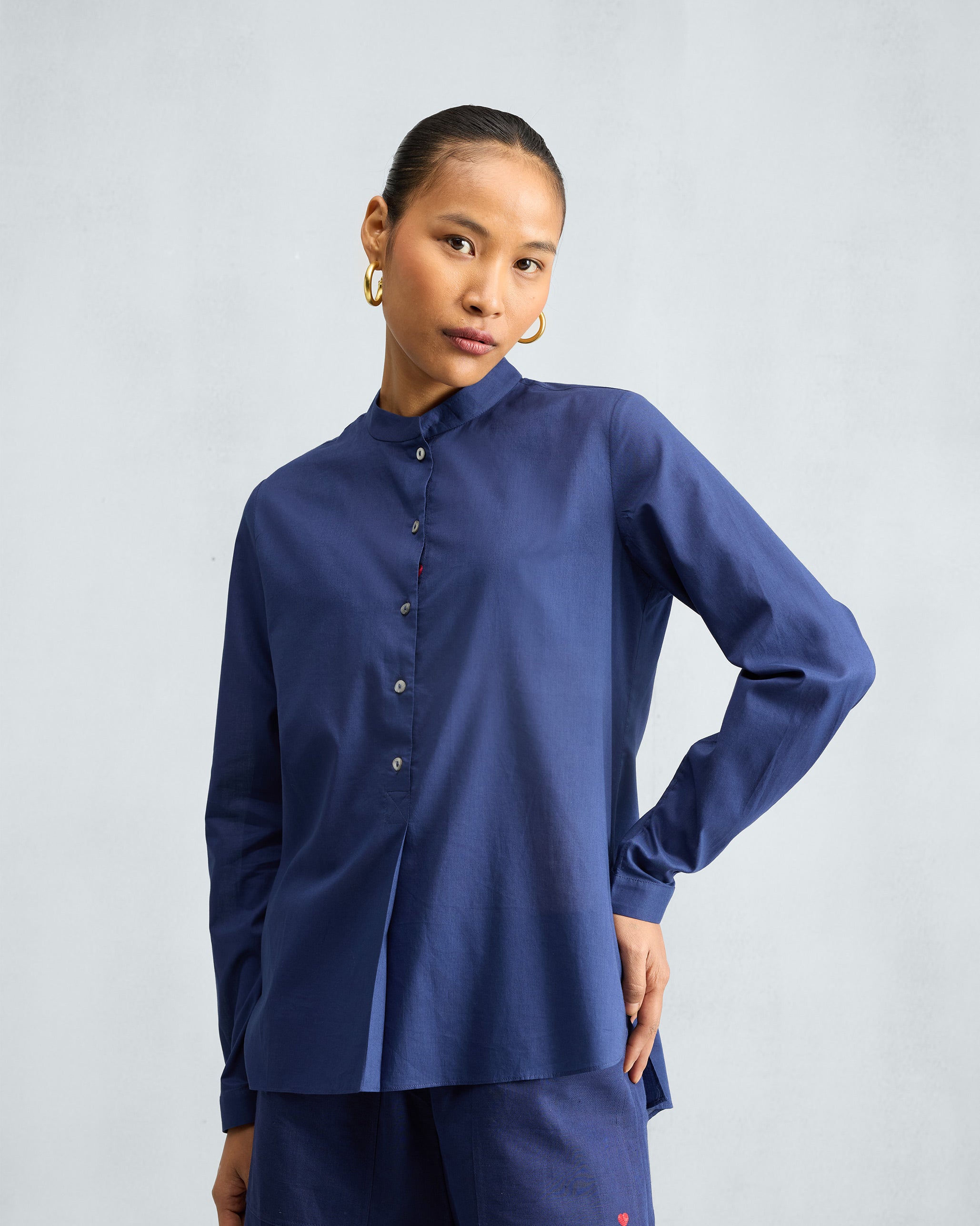 The Mandarin Collar Top Set - Ink Blue