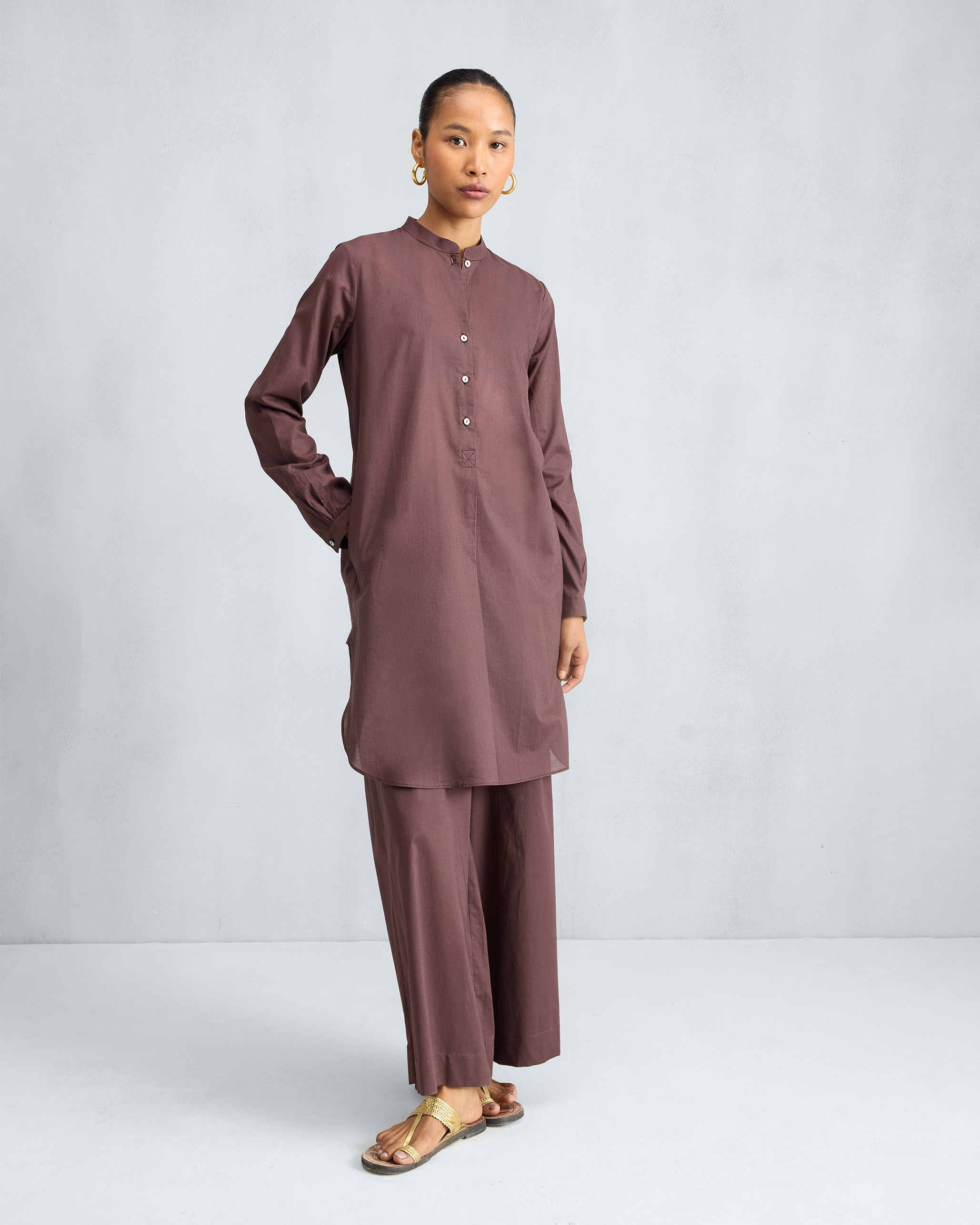 The Basic Mid Length Kurta Set - Chocolate Plum