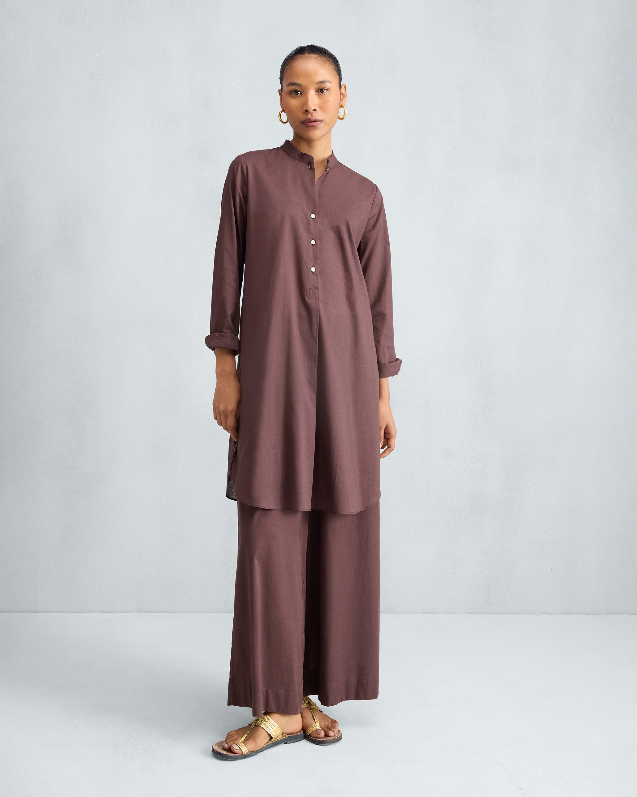 The Basic Mid Length Kurta Set - Chocolate Plum