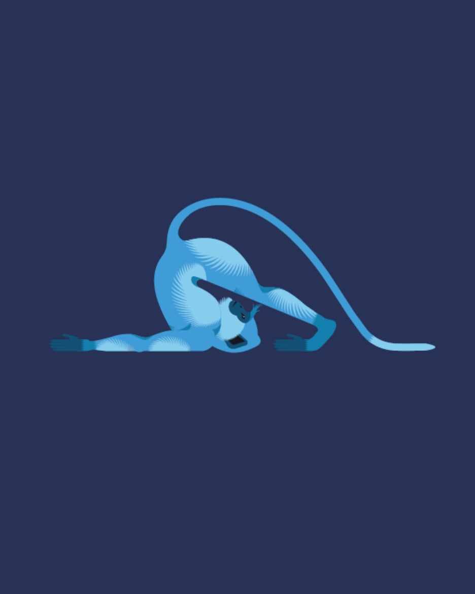 Close-up of the blue stylised animal graphic on a navy Club Crew Neck T-shirt.