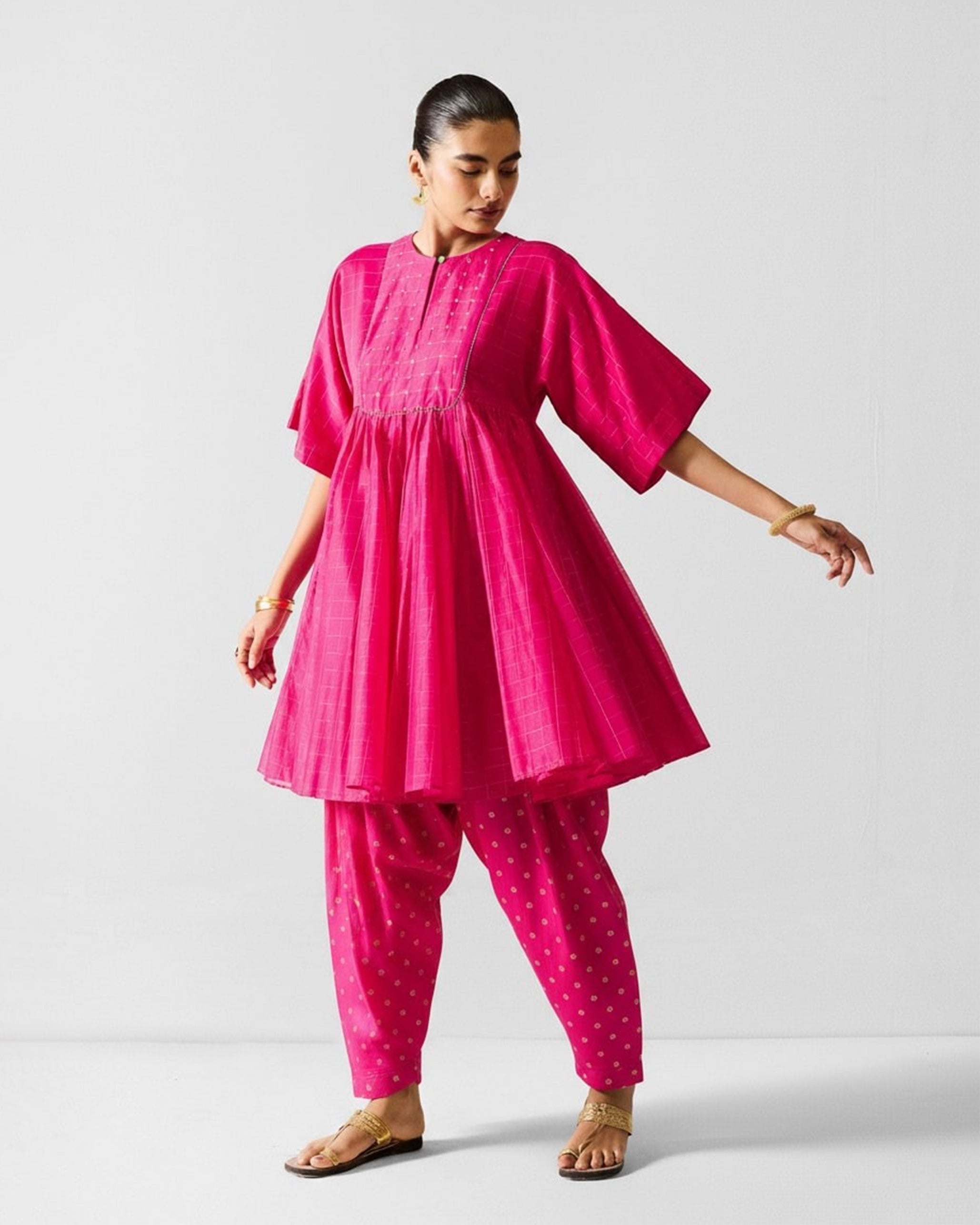 Luna Afghan Kurta - Fuchsia & Gold Embroidered