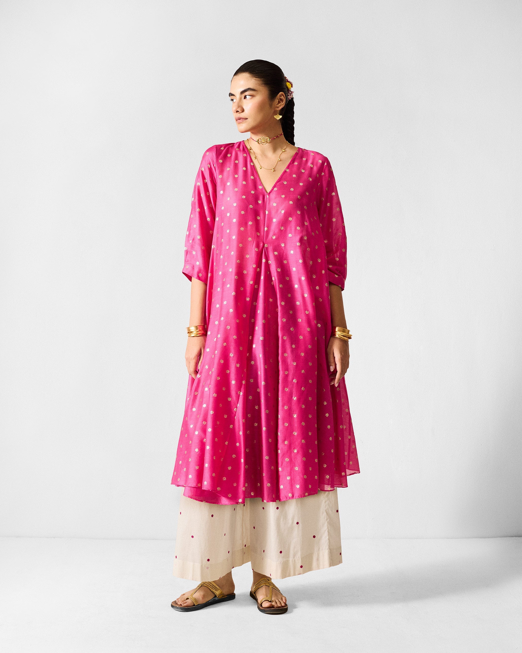 Kannauj Kurta - Fuchsia & Gold Printed