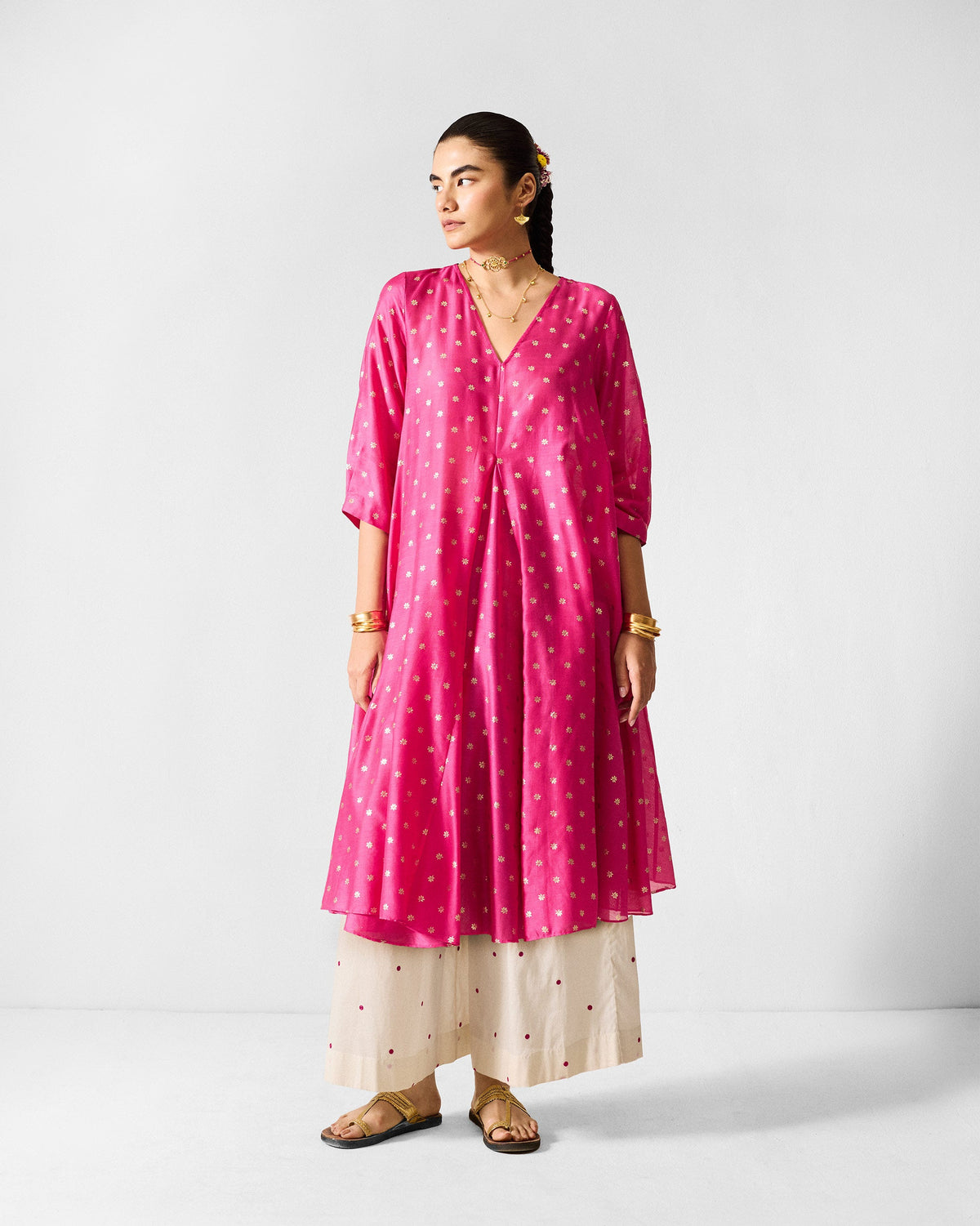 Kannauj Kurta - Fuchsia & Gold Printed
